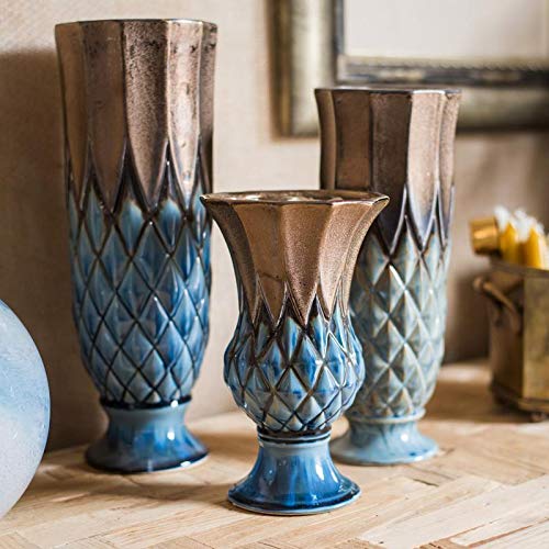 RusticReach Blue & Gold Grid Pattern Glazed Ceramic Vase Set - Elegant Home Decor for Living Room, Dining Table & Wedding Centerpieces