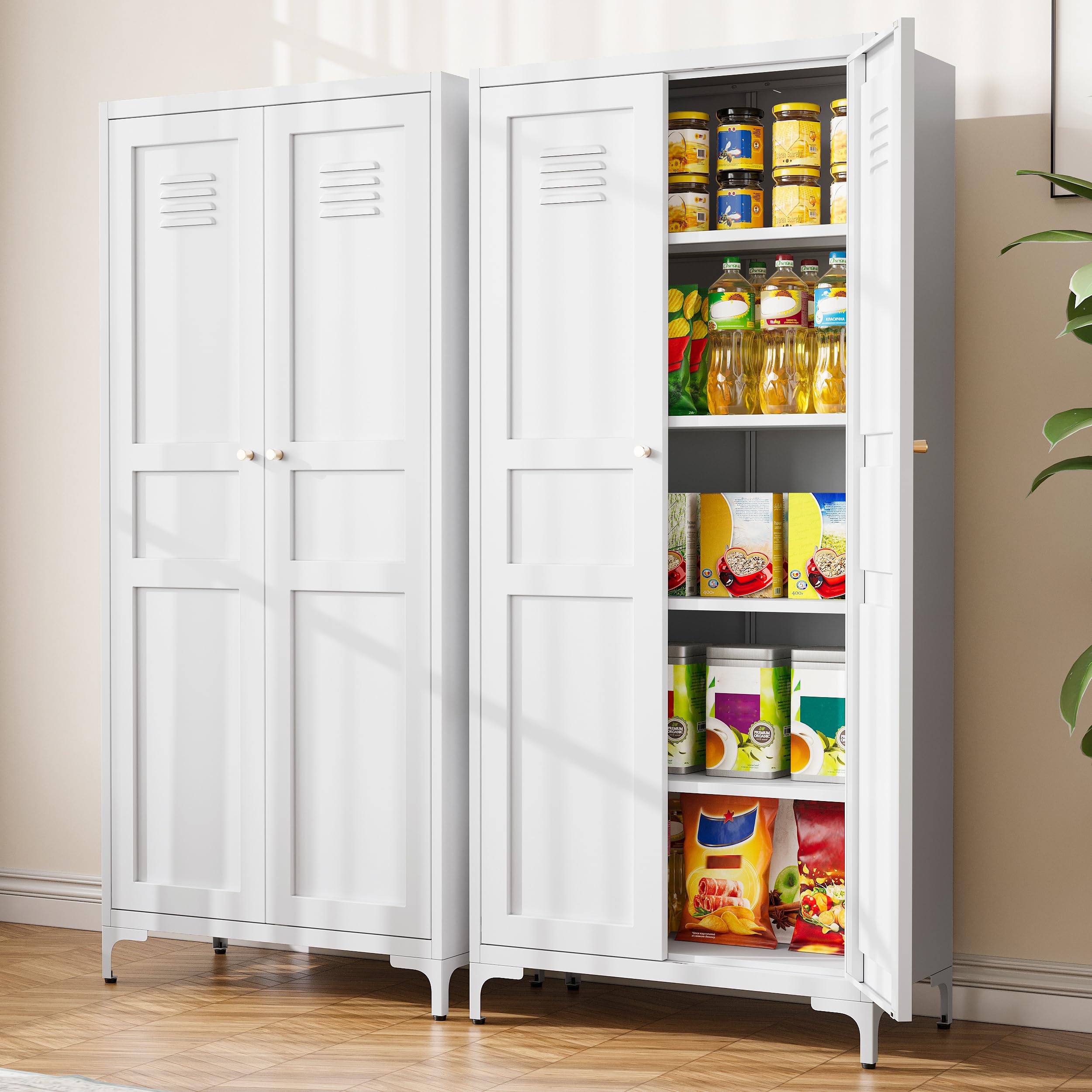 White 61-Inch Adjustable Metal Pantry Cabinet with Shelves & Feet - Kitchen, Living Room, Dining Room & Bathroom Storage Organizer for Home & Office Use