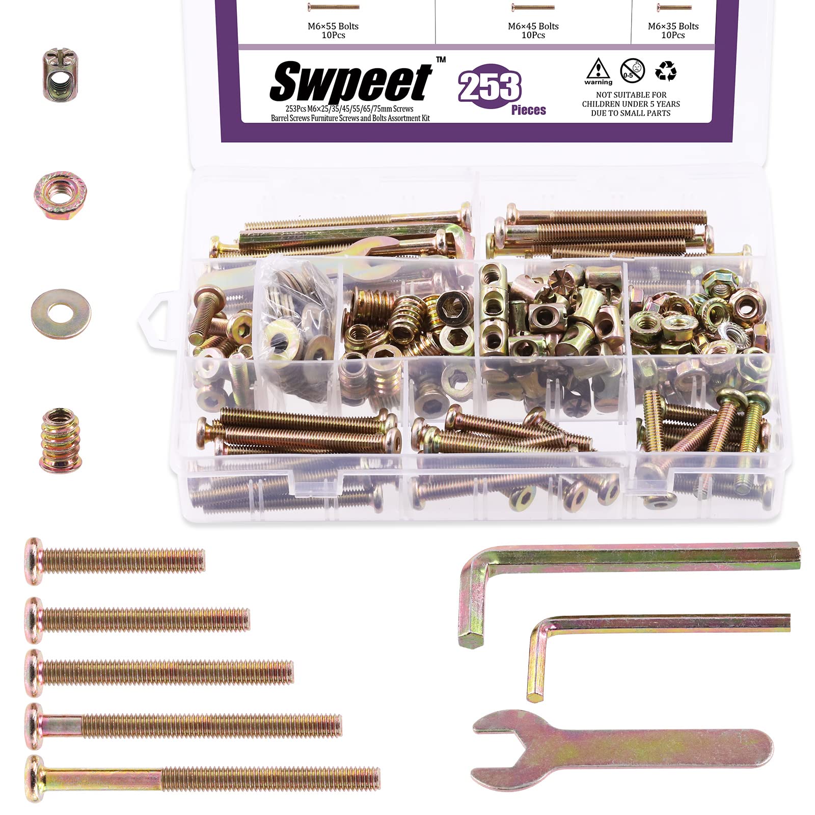 Swpeet 253Pcs M6 x 25-75mm Zinc Plated Crib Hardware Screws Kit - Hex Socket Head Cap Bolts, Barrel Nuts, Flat Washers & Flange Nuts with Threaded Inserts for Baby Crib Assembly & Furniture Repair