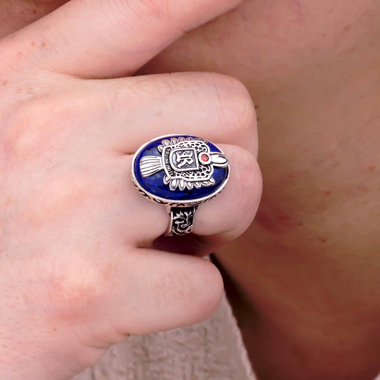 Vampire Diaries Inspired Lapis Lazuli Ring - 925 Sterling Silver Punk Jewelry for Men - Handmade Gothic Style Statement Ring for Cosplay, Gift Giving & Alternative Fashion