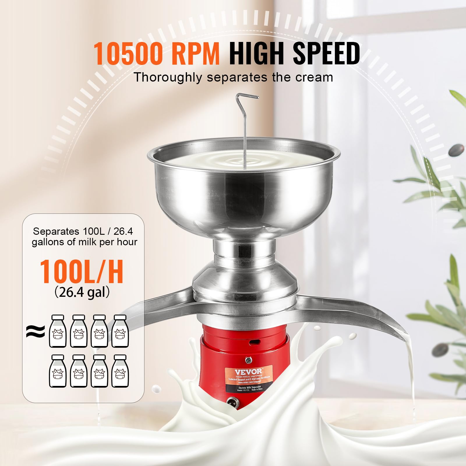 VEVOR Electric Milk Cream Separator, 304 Stainless Steel Goat & Cow Milk Skimmer, 100L/H 10500RPM, 30W 5L Bowl Capacity, 100-240V - Perfect for Home Dairy, Farm Use & Small Business Cheese Making