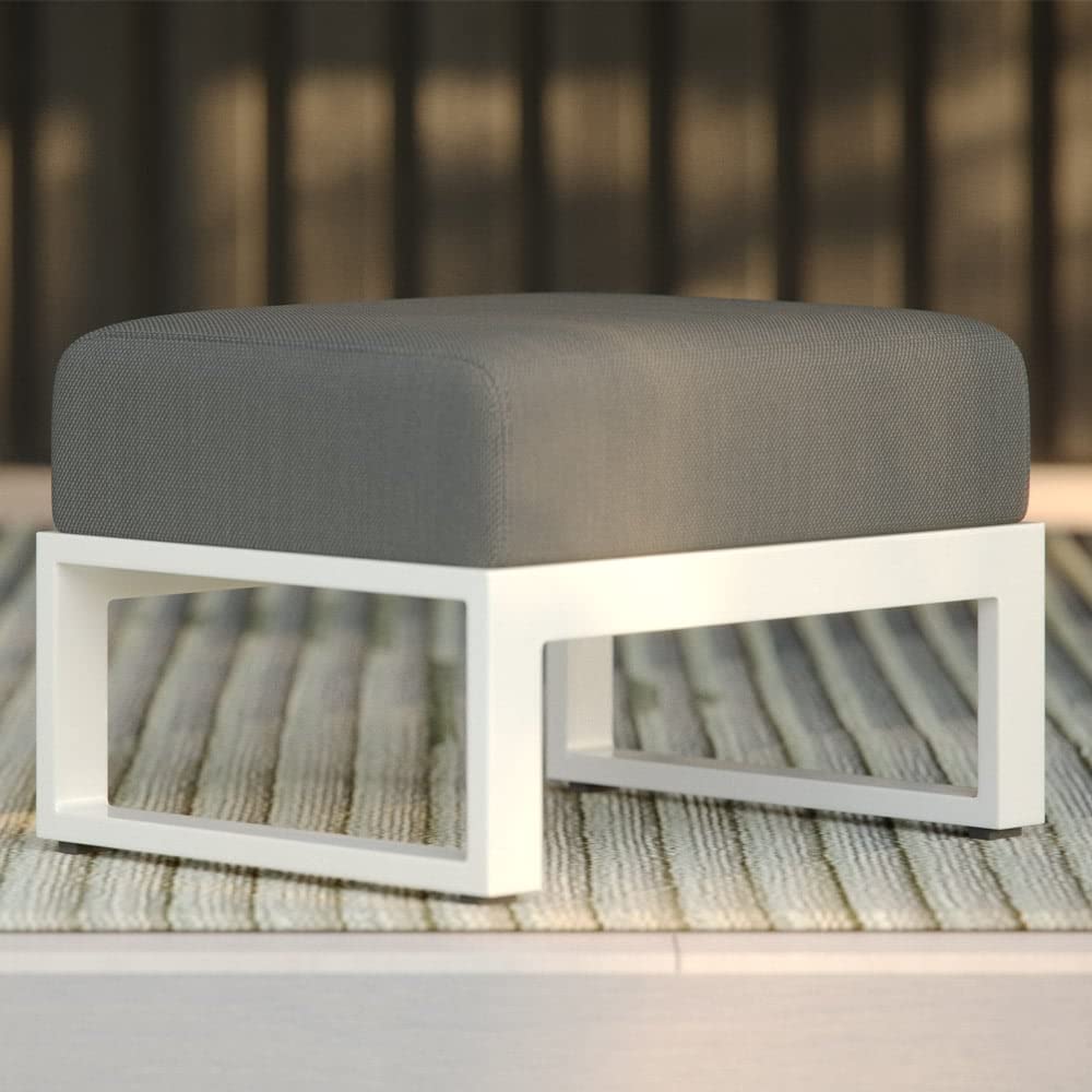 ZURI Modern Elba Outdoor Ottoman with Quick-Dry Cushions & Powder-Coated Aluminum Frame - Weatherproof Patio Furniture for Poolside, Garden & Deck - White/Gray
