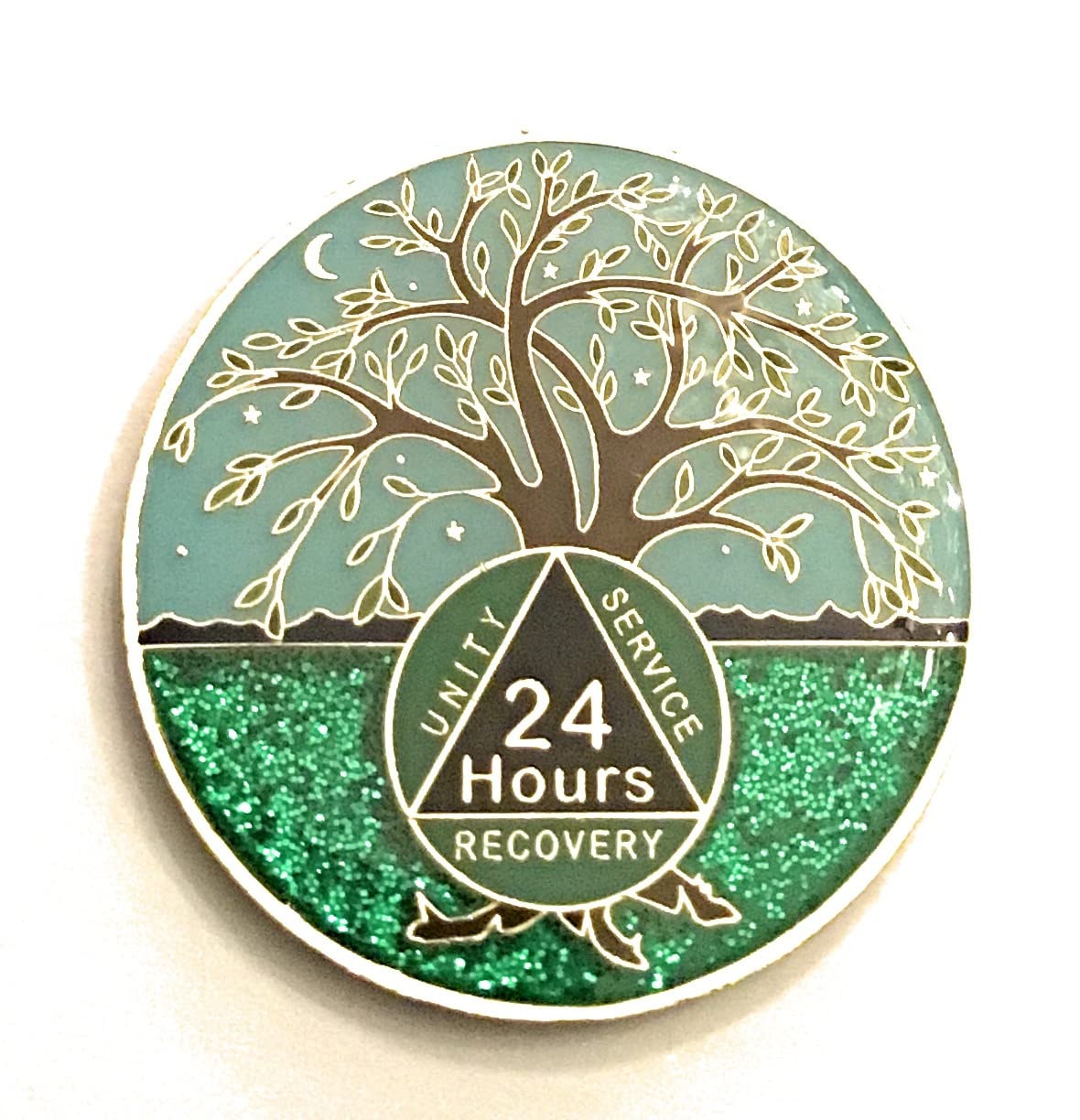 24 Hour AA Medallion - Green & Blue Tree of Life Sobriety Chip for Alcoholics Anonymous | Recovery Token & Commemorative Coin | Perfect for 12-Step Meetings, Sobriety Milestones and Gifts