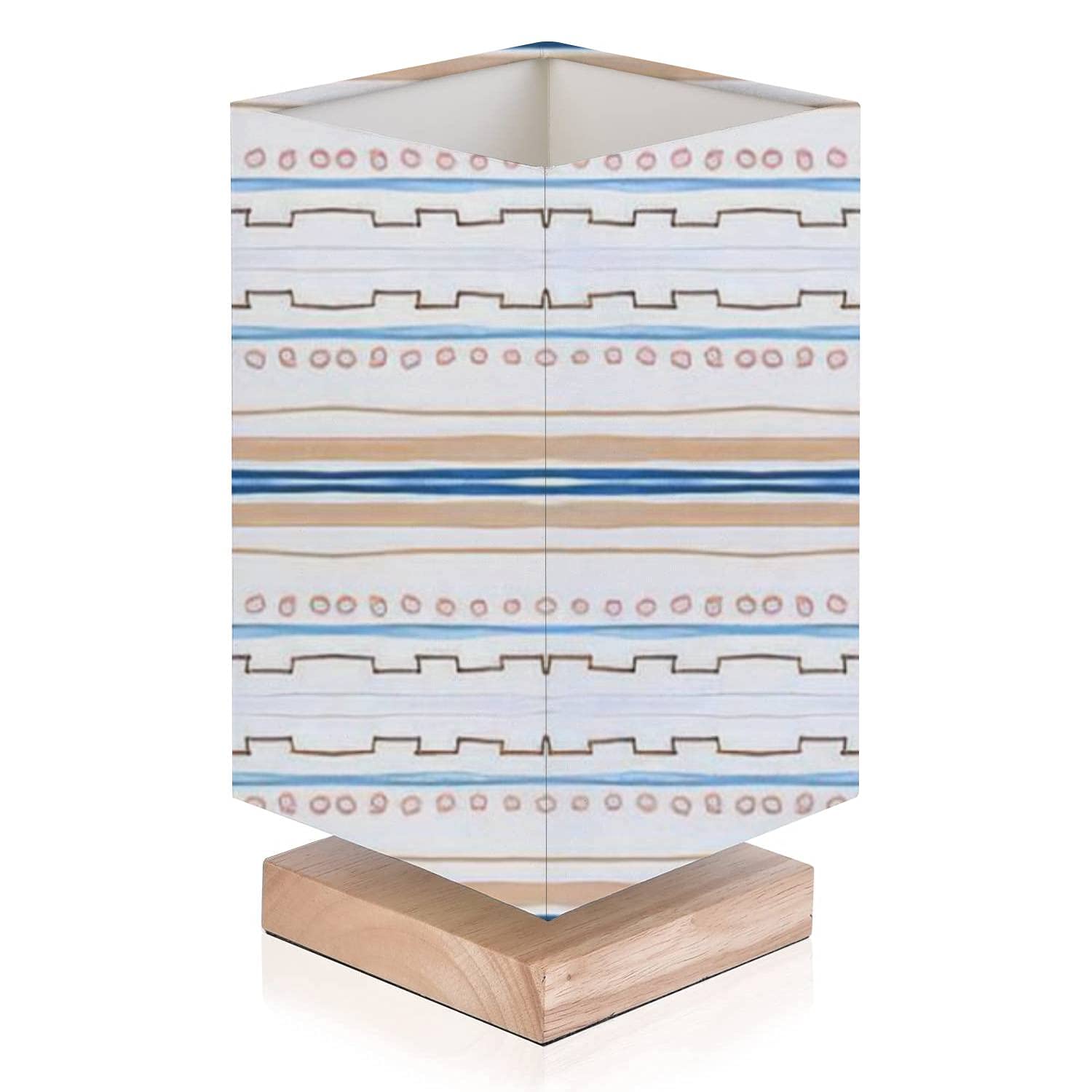 Modern Boho Table Lamp with Blue Ethnic Zig Zag Pattern - Solid Wood Base & Flaxen Fabric Shade - Small Desk Lamp for Bedroom, Living Room, Nightstand - Perfect for Reading, Relaxing & Home Decor Gift