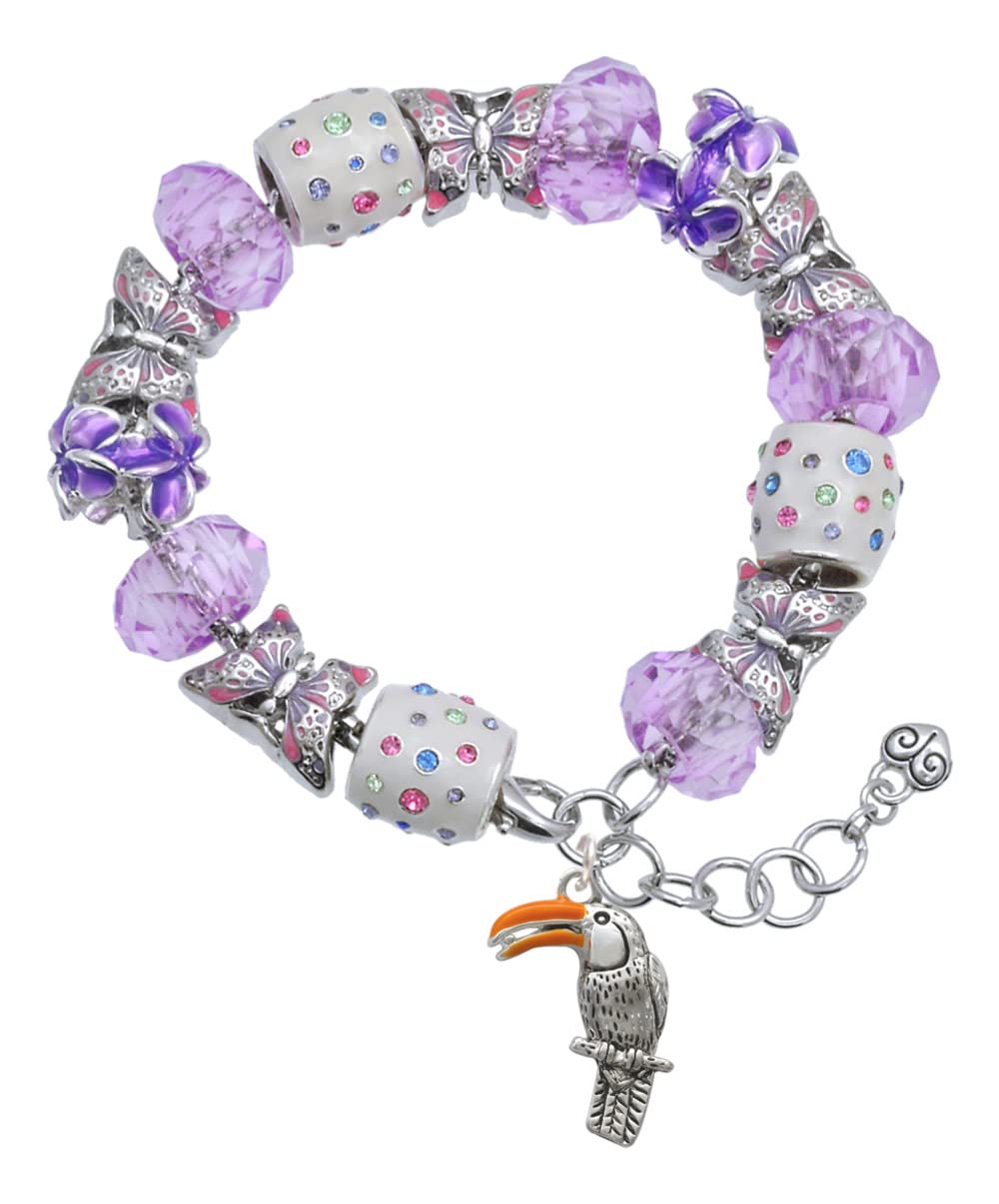 Delight Jewelry Silvertone Toucan & Purple Butterfly Beaded Charm Bracelet with 7