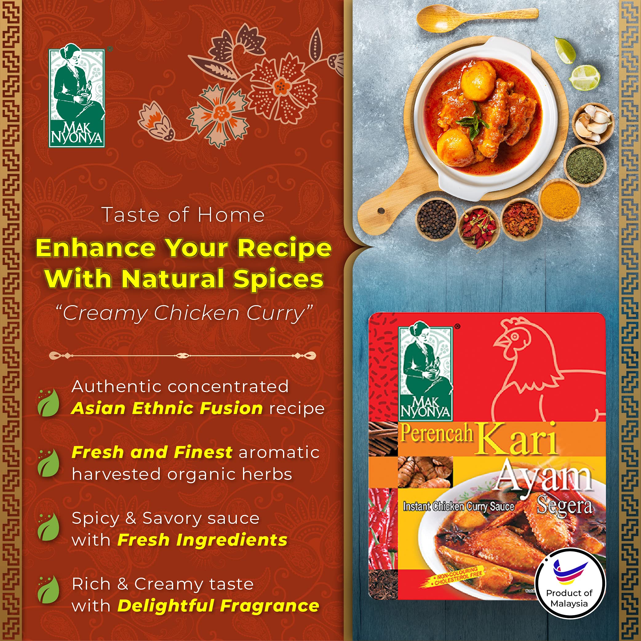 Authentic Mak Nyonya Instant Chicken Rice Sauce X2, Chicken Curry Sauce X2, Portuguese Style Steamed Fish Sauce X1 | Premium Asian Spices & Hot Sauces | Stir Fry & Cooking Sauces | Delicious Asian Food | 7oz Each | Perfect for Home Cooking, Meal Prep & Asian Cuisine Lovers