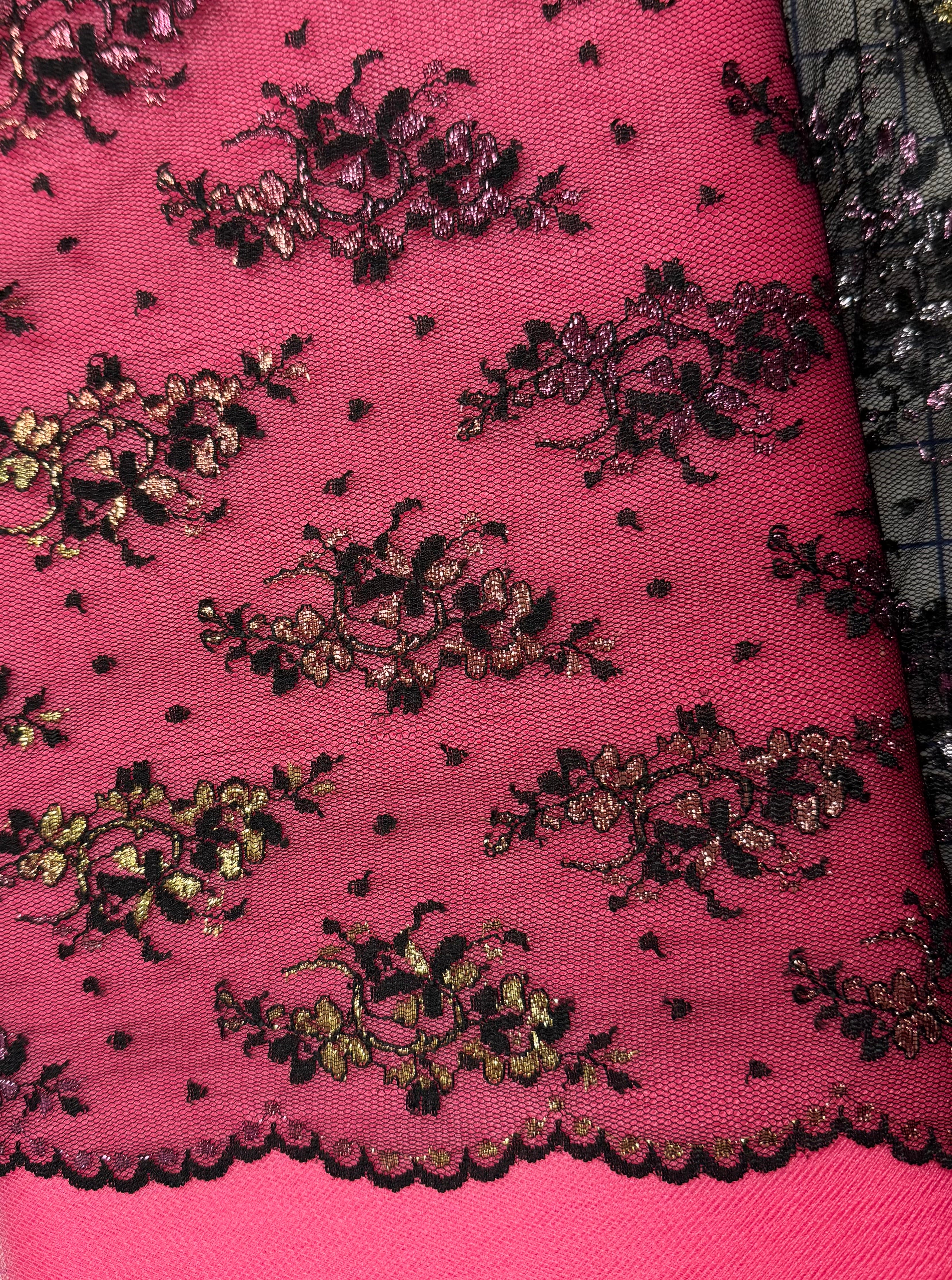 Elegant 50-Inch Wide Black Lace Fabric with Metallic Gold, Pink, Silver, and Copper Motifs - Perfect for Wedding Dresses, Home Decor, and DIY Crafts