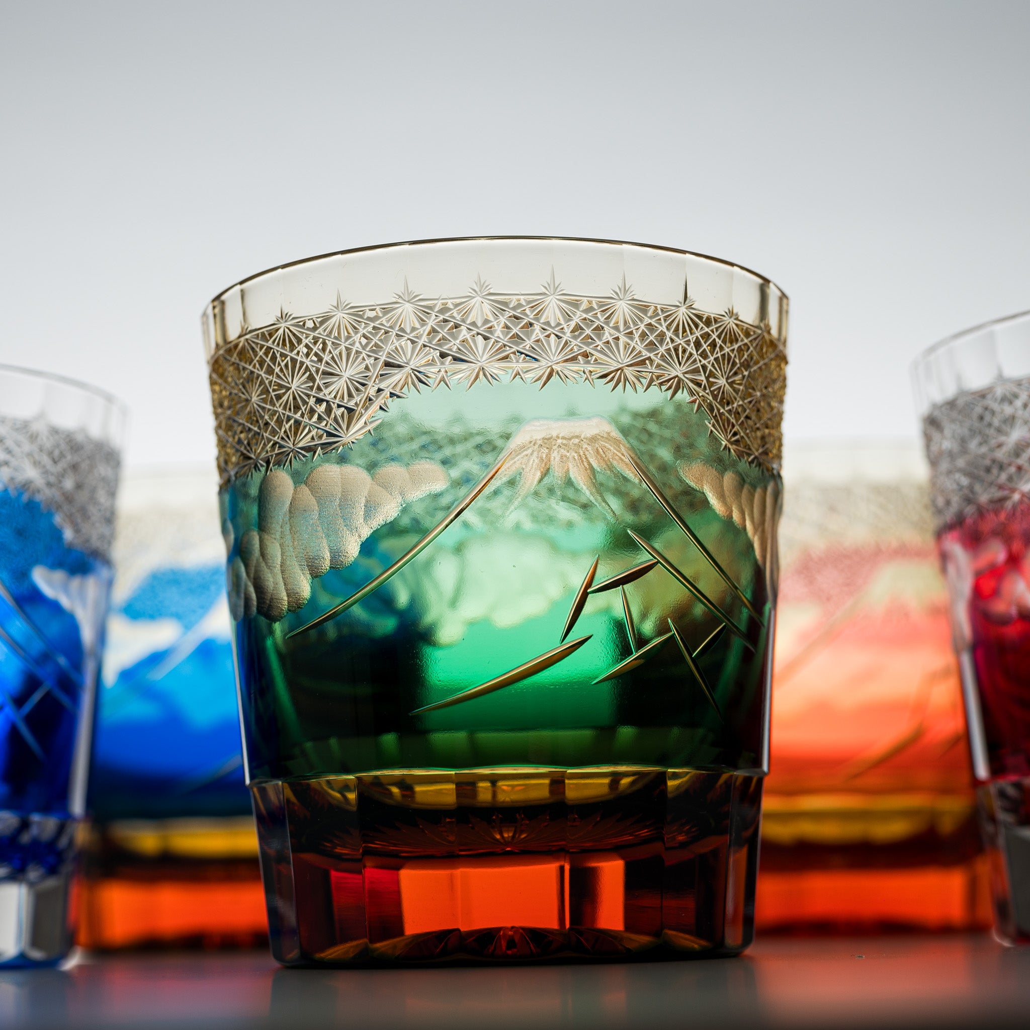 Yamada Crystal Glass Rock Glass with Mt Fuji Design - Blue Whiskey Tumbler for Bourbon, Scotch & Cocktails - Perfect for Home Bar, Gifts & Parties