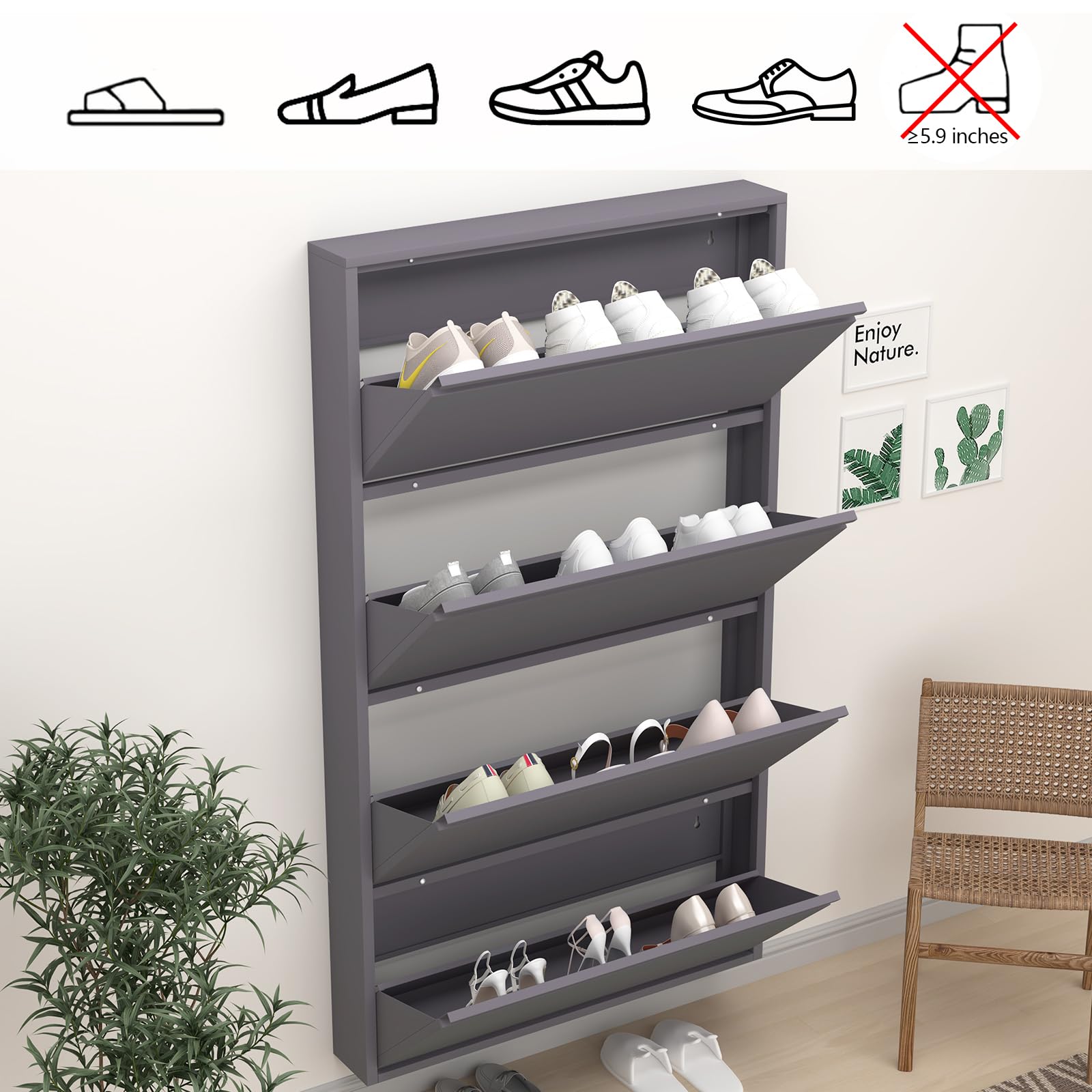 GREATMEET 4-Tier Wall Mounted Steel Shoe Cabinet with Flip Drawers - Space Saving Entryway Shoe Organizer for Indoor Shoe Storage (Black) - Perfect for Small Apartments, Closets & Mudrooms