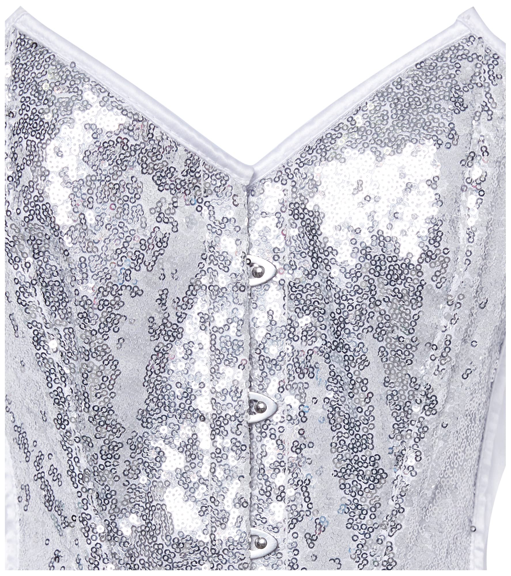 **Daisy Corset for Women - White & Silver Sequin Pointed Top Steel Boned Corset | Waist Training, Burlesque, Cosplay, and Evening Wear**