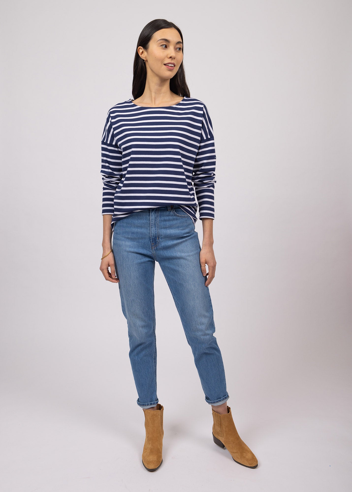 MINQUIERS DROP II Drop Shoulder Breton Striped Shirt for Men | Soft 100% Cotton | Relaxed Straight Fit | Navy & White Stripes | Casual Wear for Beach, Office & Everyday Outfits
