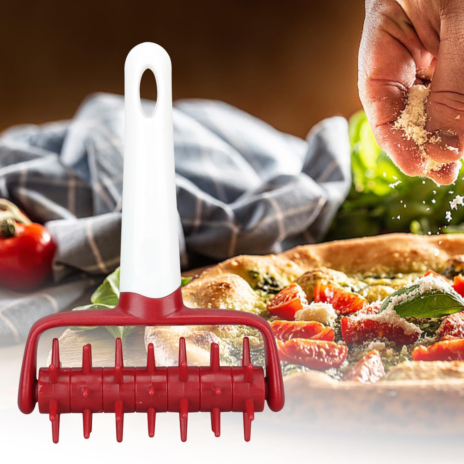 Pizza Dough Docker Roller with Spikes - Plastic Pastry Docking Tool for Homemade Baking, Prevents Dough Blistering (Red) - Perfect for Pizza, Pie Crusts, Crackers & Flatbreads