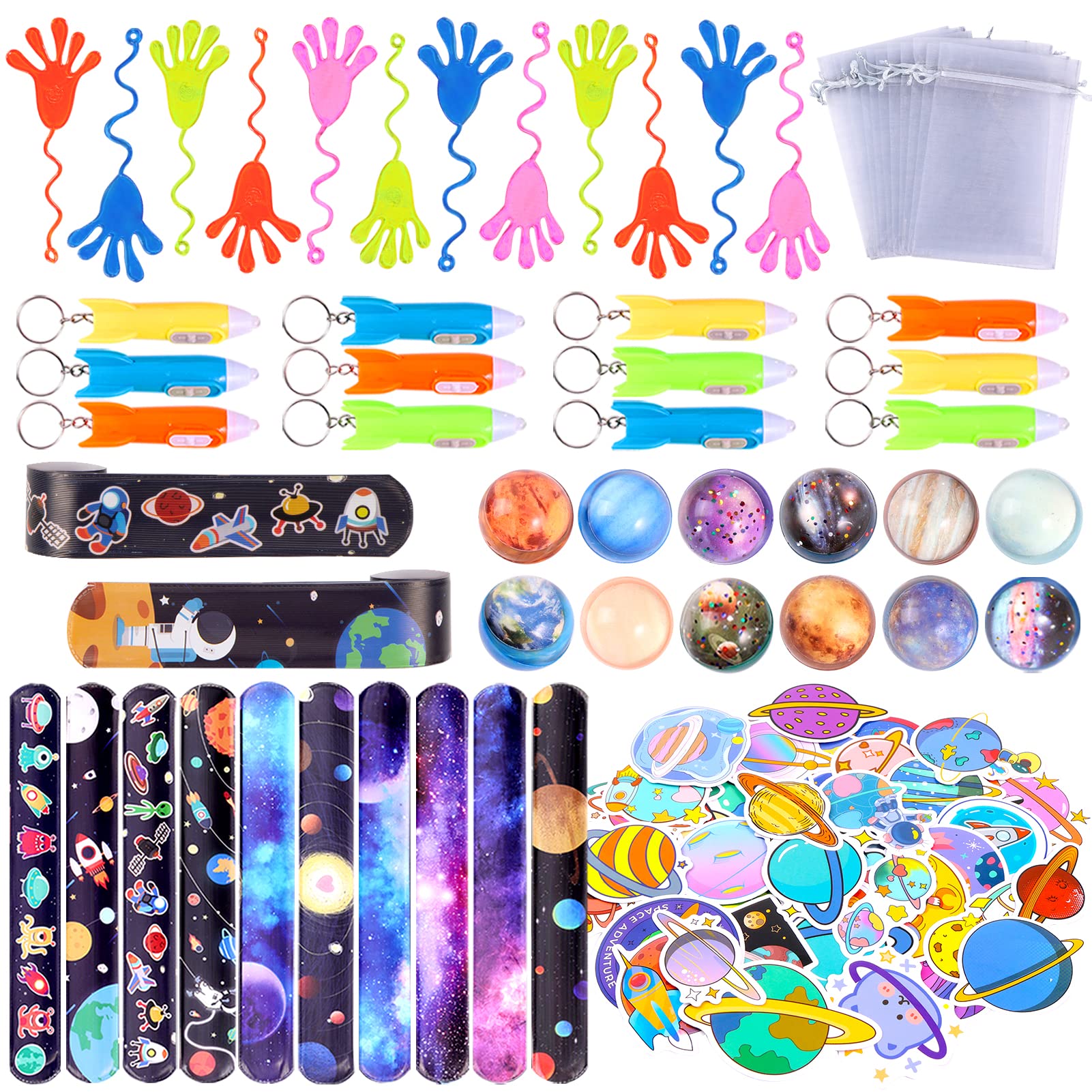 Pllieay 110pcs Outer Space Party Supplies for Kids - Bouncy Balls, Sticky Hands & Slap Bracelets - Space Themed Birthday & Christmas Gifts, Goodie Bag Fillers, Pinata Stuffers & Classroom Prizes - Perfect for Space Parties, School Rewards & Holiday Celebrations