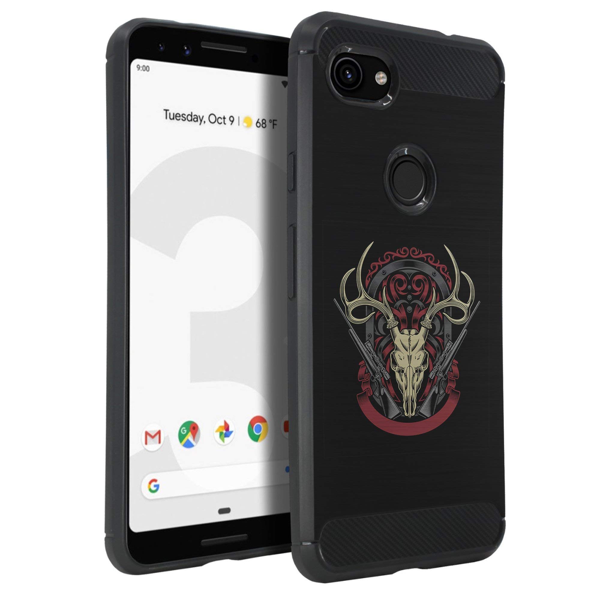 Google Pixel 3A XL Case - Shockproof Carbon Fiber Cover (Deer Skull) for Outdoor Protection