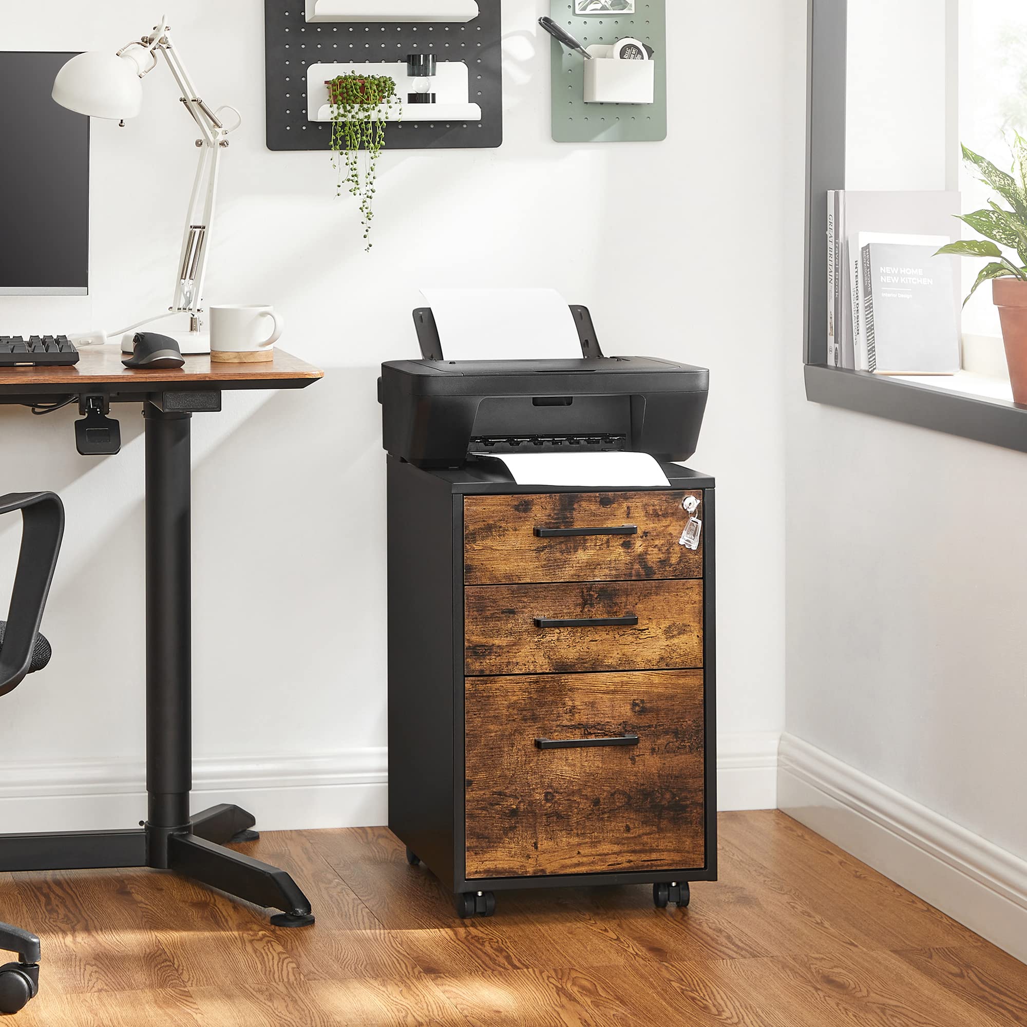 SONGMICS File Cabinet with Lock - Pre-Assembled Office Filing Cabinet for A4, Legal & Letter Size Documents - 17.7 x 14.4 x 23.6 Inches Rustic Brown & Black - Perfect for Home Office, Study Room & Workspace Organization (UOFC110B01V1)