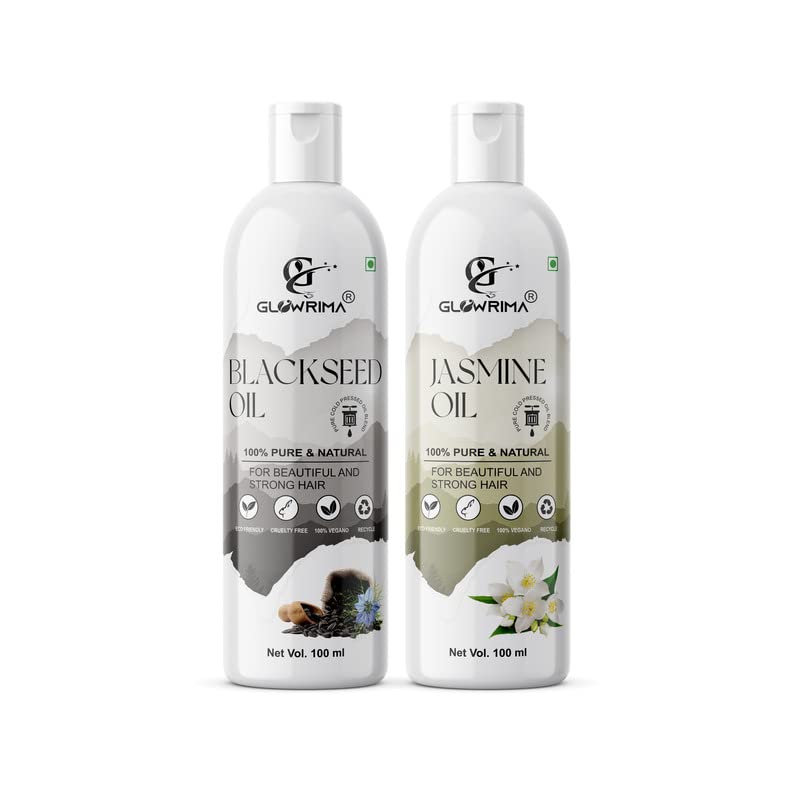 Glowrima 100% Pure Black Seed Oil & Jasmine Oil Combo (100ML Each) - Promotes Hair Growth, Reduces Hair Fall, Repairs Split Ends for Soft & Shiny Hair - Perfect for Daily Hair Care & Scalp Treatment (Pack of 2)