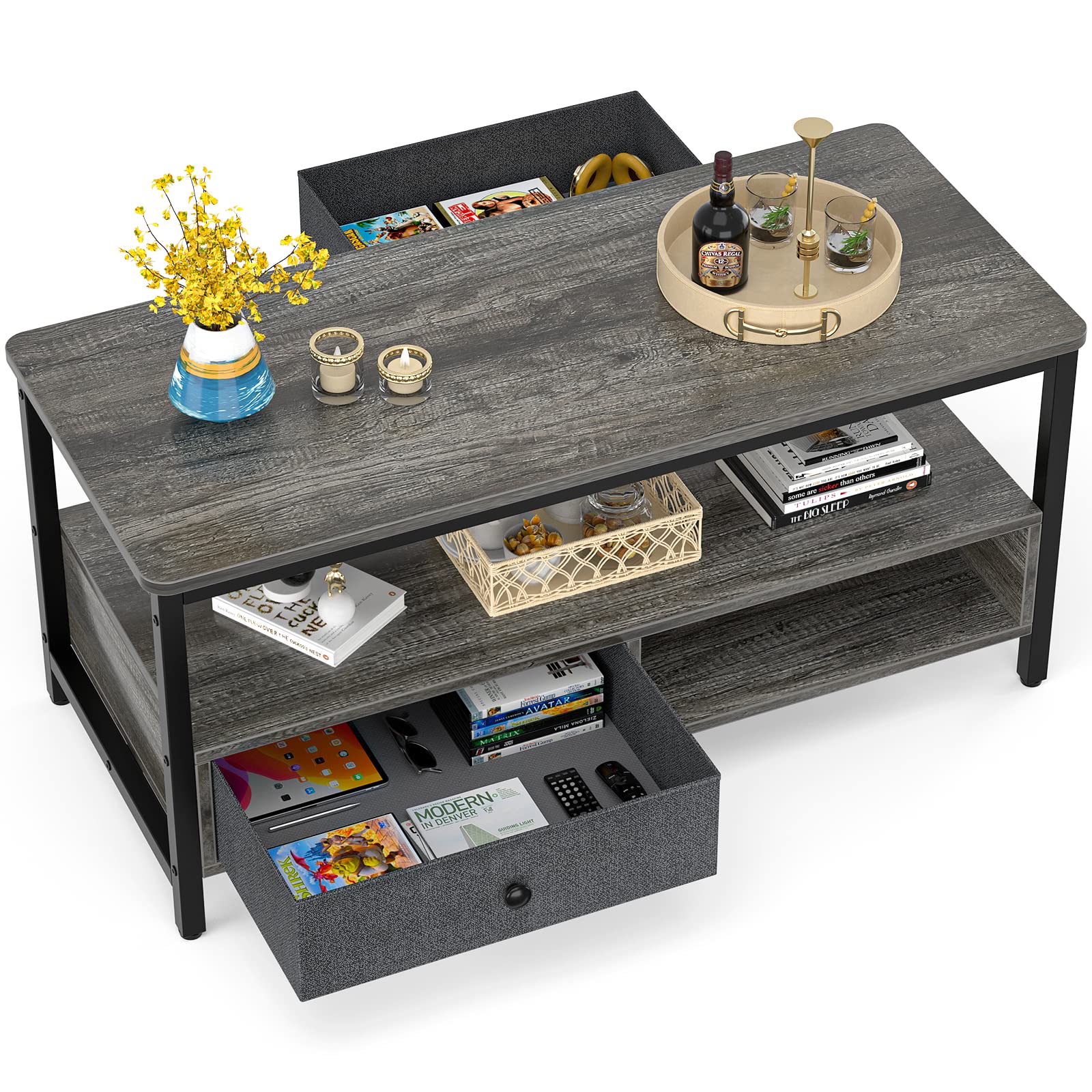 Armocity Grey Oak Coffee Table with Storage Drawers & Shelves - Modern Living Room Center Table with Metal Frame, Easy Assembly - Perfect for Small Spaces, Apartments & Cozy Home Decor