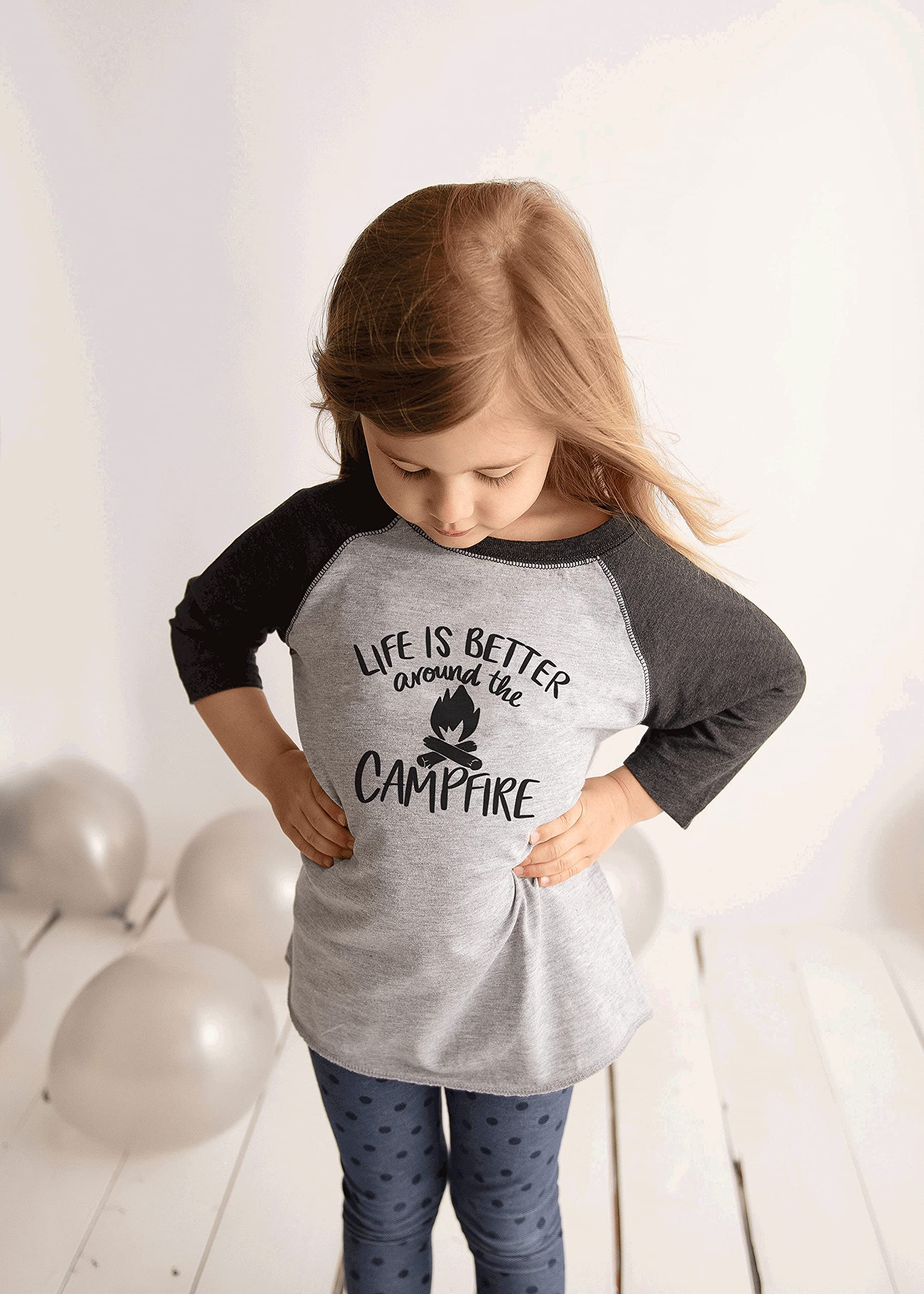 7 ate 9 Apparel Kids Camping T-Shirt - Soft Grey Cotton Tee for Outdoor Adventures, Hiking & Family Trips