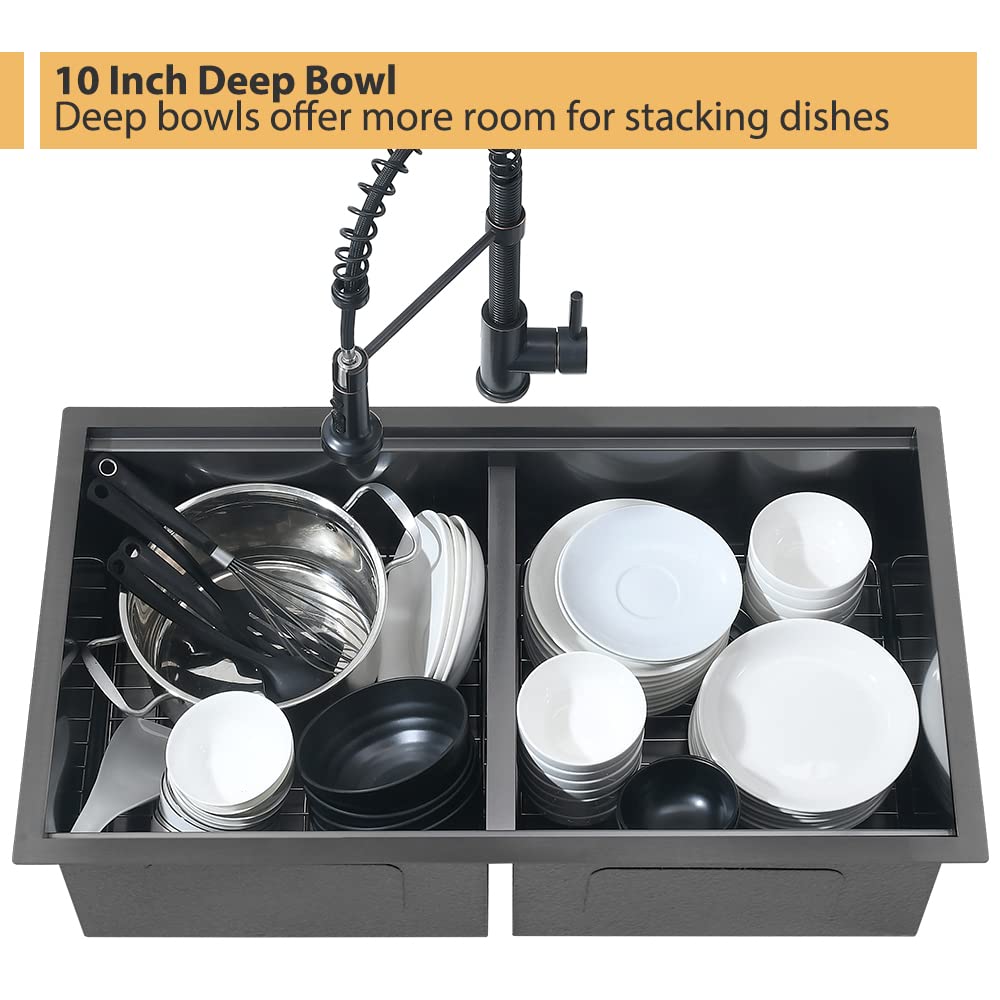 Bokaiya 33x19 Inch Undermount Double Bowl Kitchen Sink - 16 Gauge Black Stainless Steel, Deep Low Divided 50/50 Design for Heavy Duty Use - Perfect for Food Prep, Dishwashing & Multi-Tasking in Modern Kitchens
