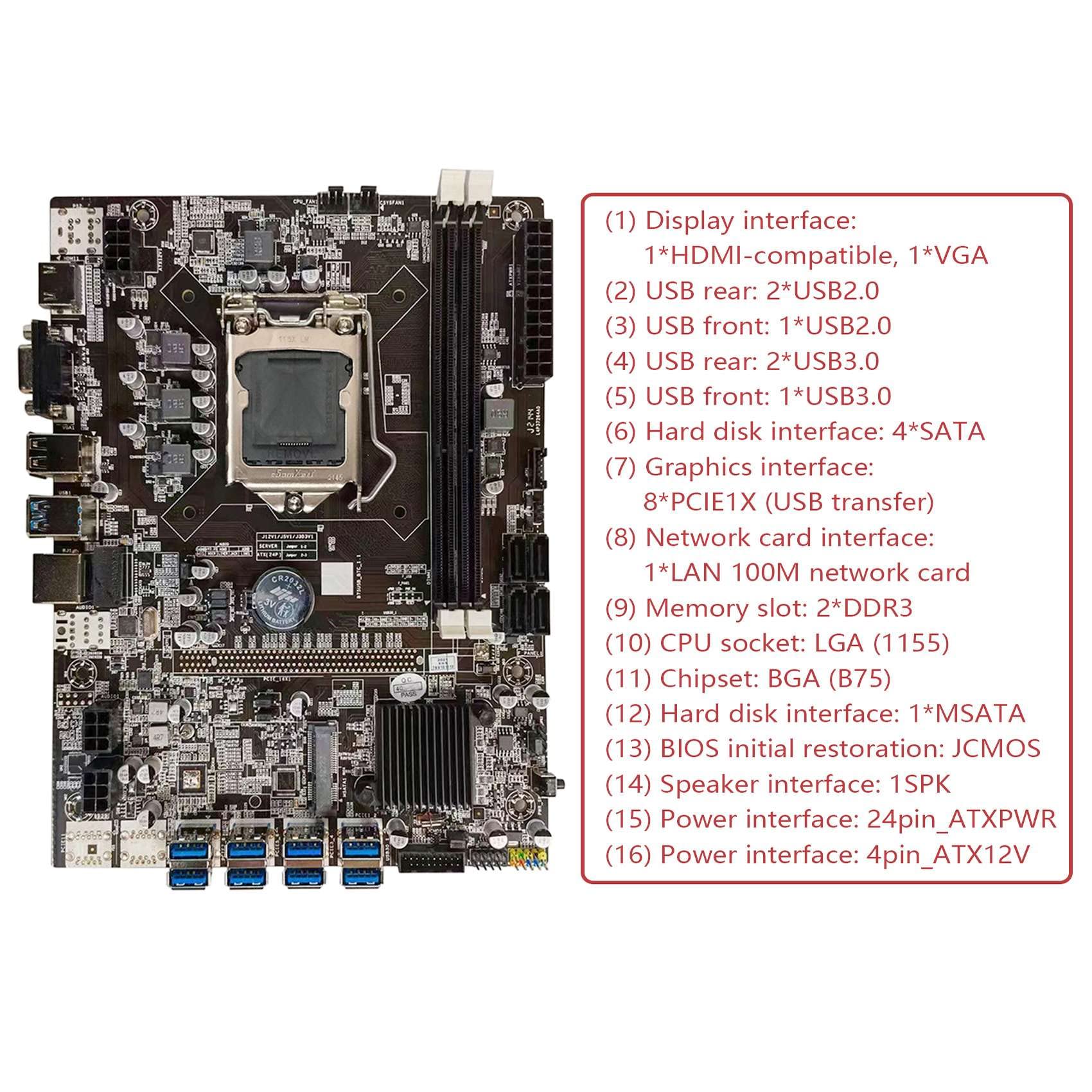 Pasyauer B75 BTC Mining Motherboard Bundle - LGA1155 Socket, 8x PCIE Slots, Intel CPU, Cooling Fan, 4GB DDR3 1600MHz RAM, 128GB SSD, SATA & Switch Cables - Perfect for Cryptocurrency Mining Rigs & High-Performance Computing