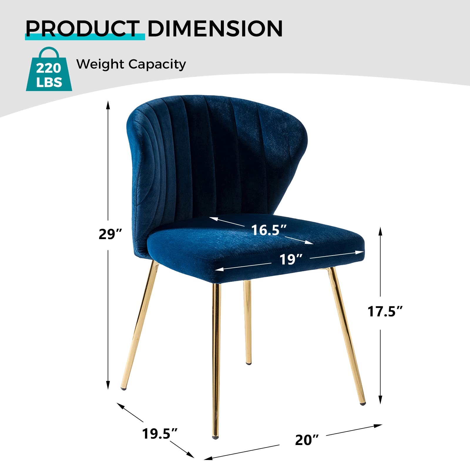 Modern Velvet Dining Chair with Golden Metal Legs - Navy Blue Tufted Accent Chair for Living Room, Kitchen, Bedroom & Beauty Salon - Comfortable Small Upholstered Side Chair for Home & Office Use