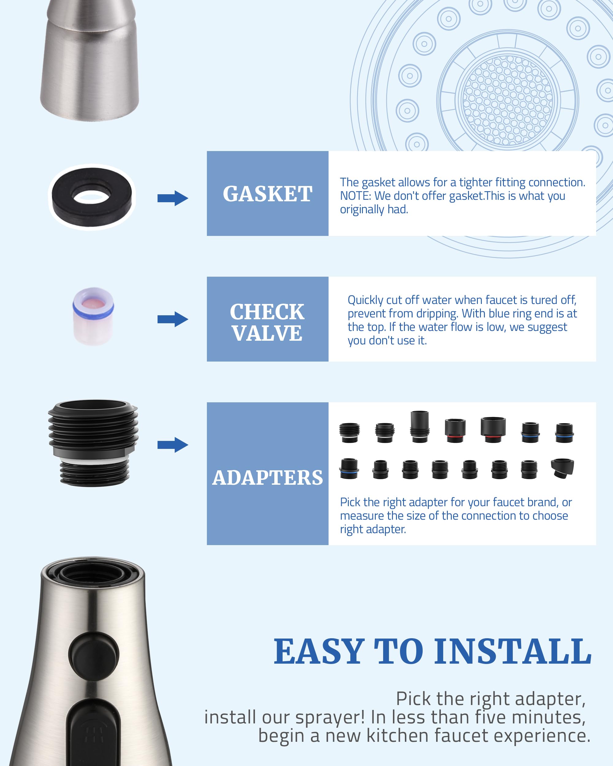 Premium Kitchen Faucet Spray Head Replacement with 15 Adapters - 3 Function Pull Down Sprayer (Stream/Spray/Pause) Brushed Nickel - Universal Fit for Pull Out & Pull Down Faucets - Perfect for Dishwashing, Food Prep & Sink Cleaning