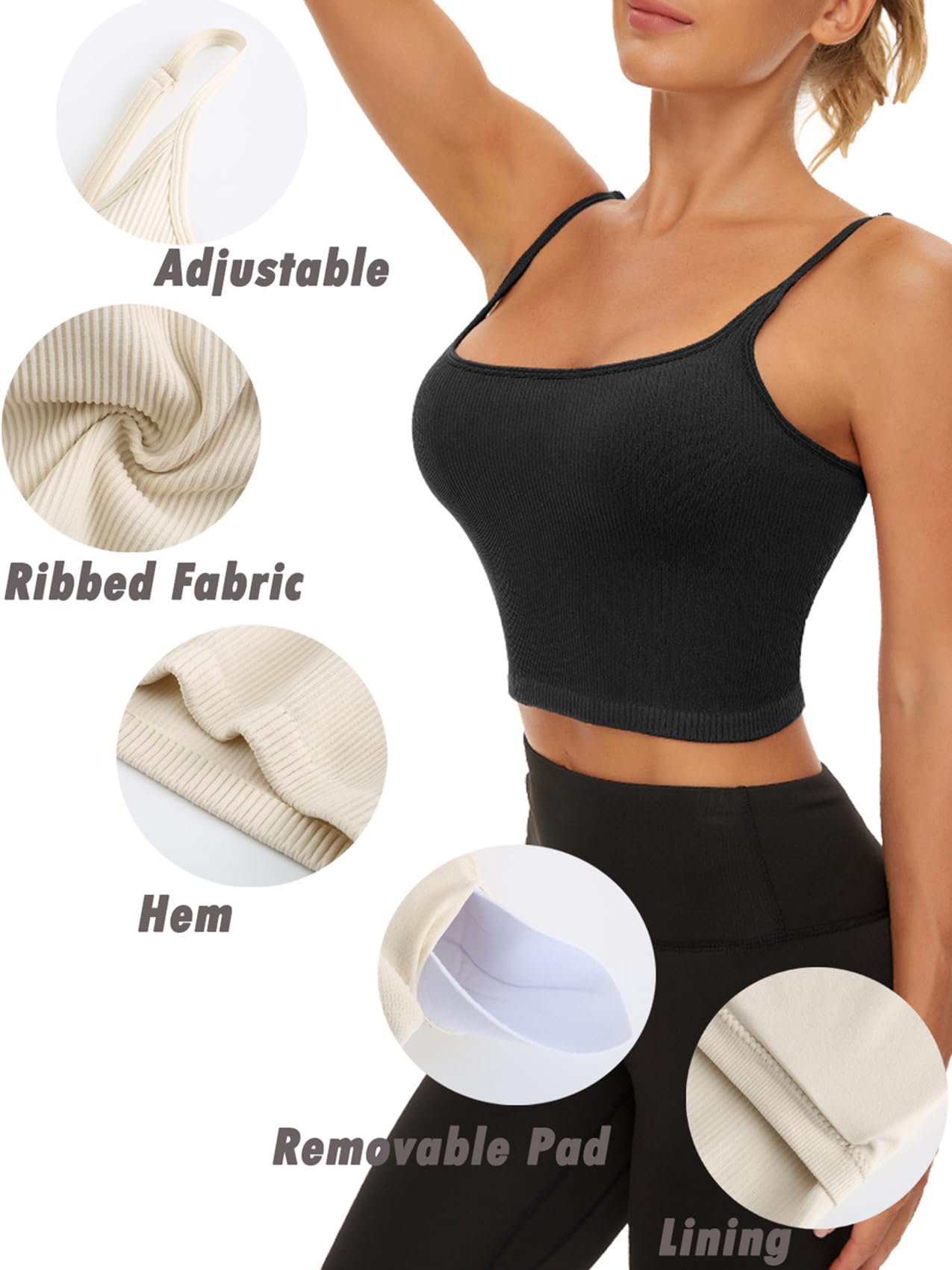 Chilylori Seamless Sports Bra & Cropped Tank Top - Adjustable Straps, Ribbed Workout Tops for Women (2 Pack) | Yoga, Gym, Running & Fitness