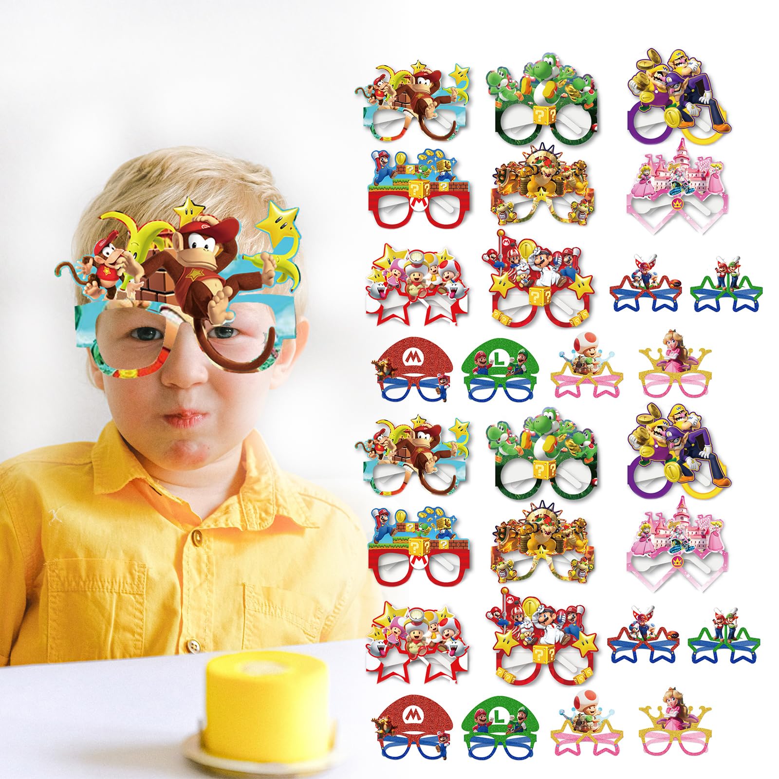 28 Pcs Super Mario Party Decorations - Paper Glasses for Birthday, Role-Playing, Costume Parties & Photo Booth Props - Fun Party Favors & Gifts for Kids & Adults - Perfect for Mario Themed Celebrations & Game Nights