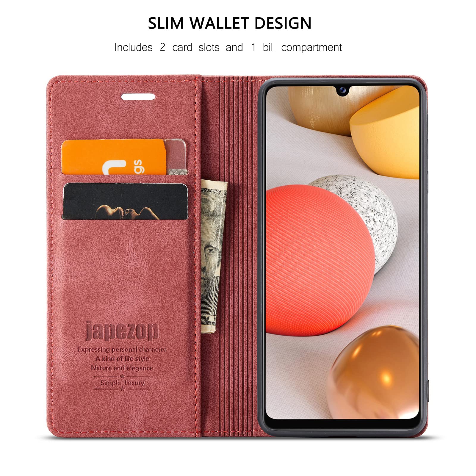 Samsung Galaxy A42 5G Leather Wallet Case with RFID Blocking, Card Holder & Kickstand - Magnetic Flip Cover for 6.6 Inch Phone (Red) - Perfect for Travel, Work & Everyday Protection