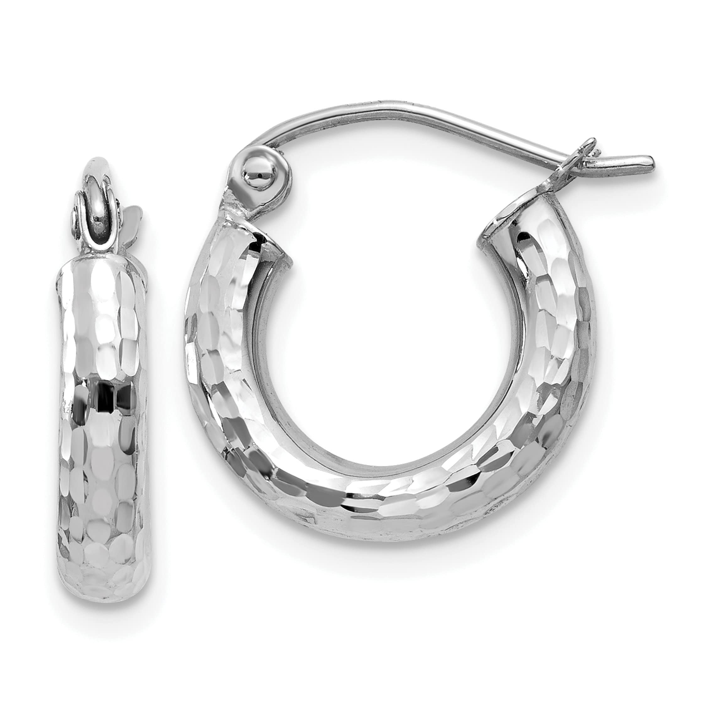 14K White Gold Diamond Cut 3MM Round Hoop Earrings for Women - Elegant Everyday Jewelry, Perfect for Work, Date Night & Special Occasions