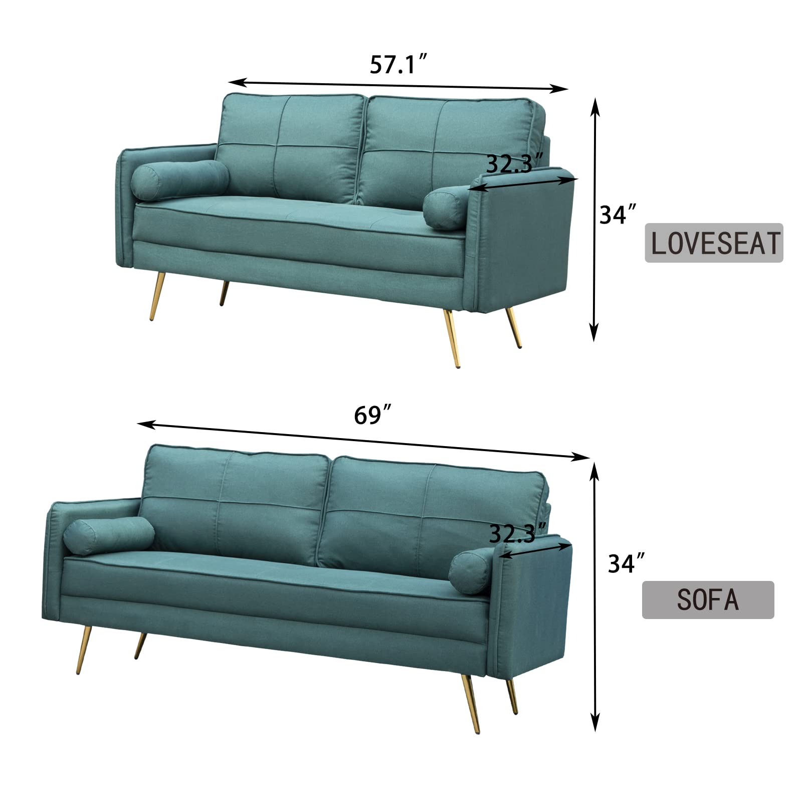 Luxury Modern Velvet Sofa Tufted Couch with Bolsters & Metal Legs - Green Upholstered Loveseat for Living Room, Bedroom, Apartment | Cozy Seating for Relaxing, Entertaining & Small Space Decor