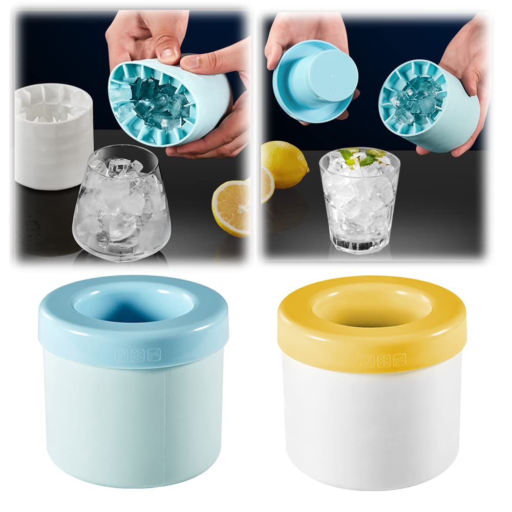 Premium Silicone Ice Cube Maker Cup - Portable Mini Cylinder Ice Mold for Whiskey, Cocktails & Beverages - Easy Release Ice Ball Maker for Home, Bar & Party Use (Blue + Yellow)