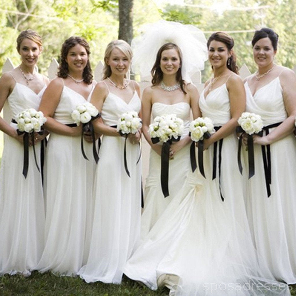Elegant White Chiffon Spaghetti Strap Long Bridesmaid Dress - WG74 | Flowy Wedding Party Gown for Bridal Shower, Beach Ceremony & Formal Events