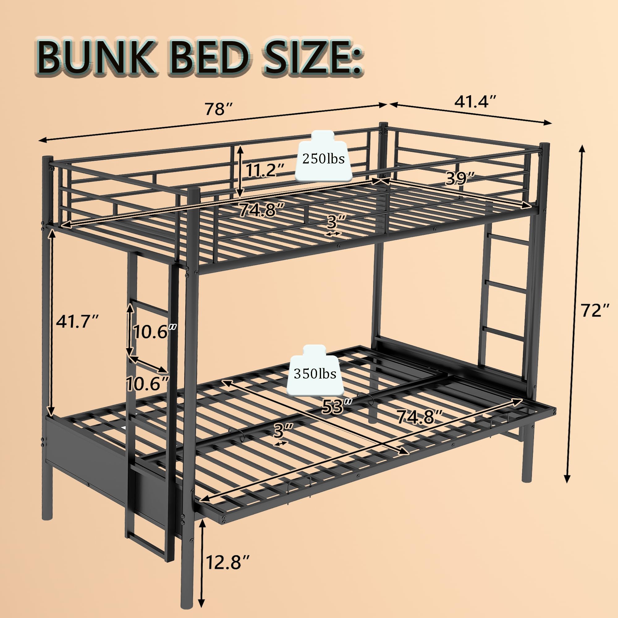 Twin Over Full Metal Bunk Bed with Convertible Futon Couch - Sturdy Steel Foldable Sofa Bed for Kids, Teens & Adults | Guardrails & Ladder Included | Perfect for Small Spaces, Guest Rooms & Dormitories