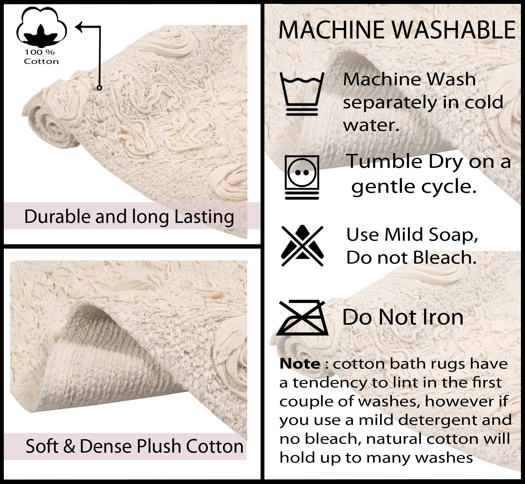 Premium 100% Cotton Bath Rug Set - 5 Piece Non-Slip Washable Bathroom Mats with Contour | Ultra Soft & Absorbent Ivory Bath Mats for Bathroom & Kitchen Floor | Perfect for Master Bath, Guest Bath & Laundry Room