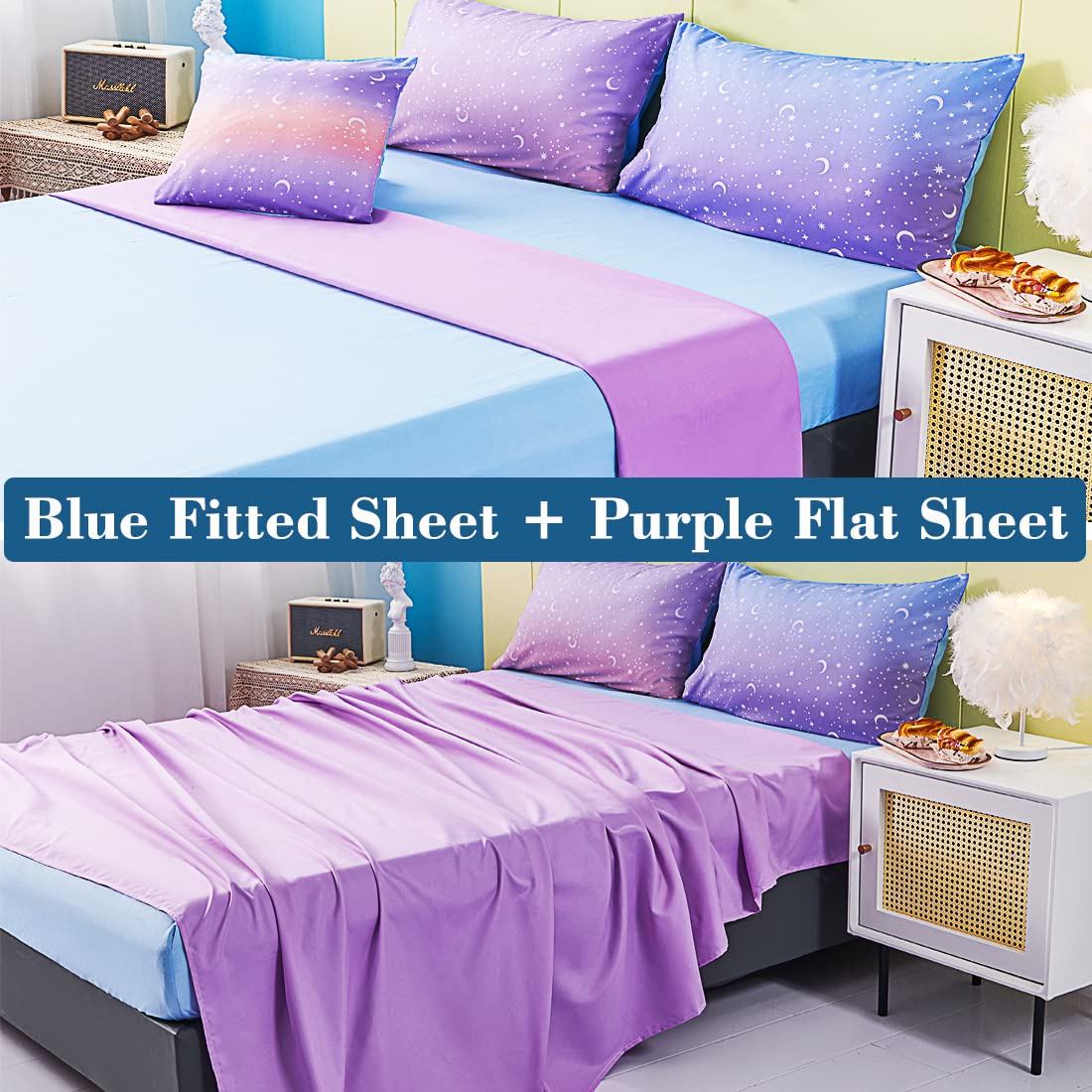 URBONUR 6-Piece Queen Size Girls' Bedding Set - Gradient Purple & Orange Glitter Moon Star Printed Comforter, Soft Breathable All-Season Bed in a Bag | Perfect for Teen Bedrooms, Sleepovers & Cozy Nights (Star Design)