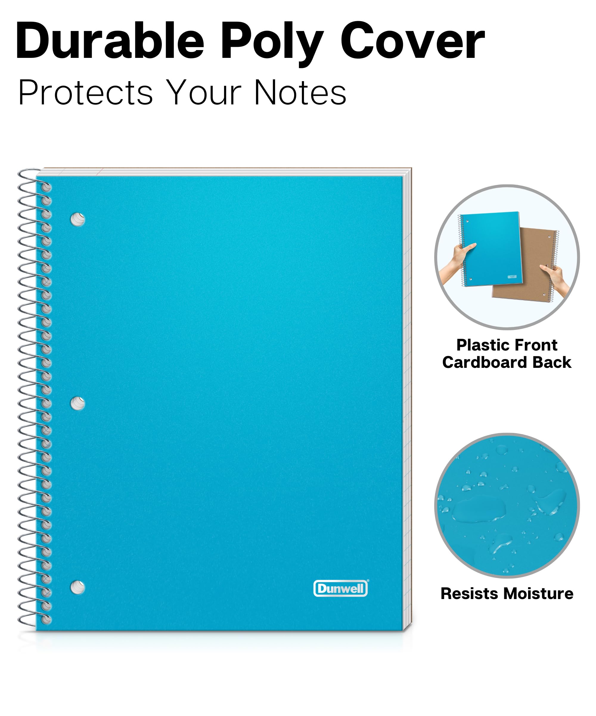 Dunwell 3-Subject Spiral Notebook - Blue Plastic Cover, 150 Sheets (300 Pages) Wide Ruled 8x10.5 Inch, 3-Hole Punched Perforated Pages with 3 Divider Pockets - Perfect for School, Office & College Note Taking