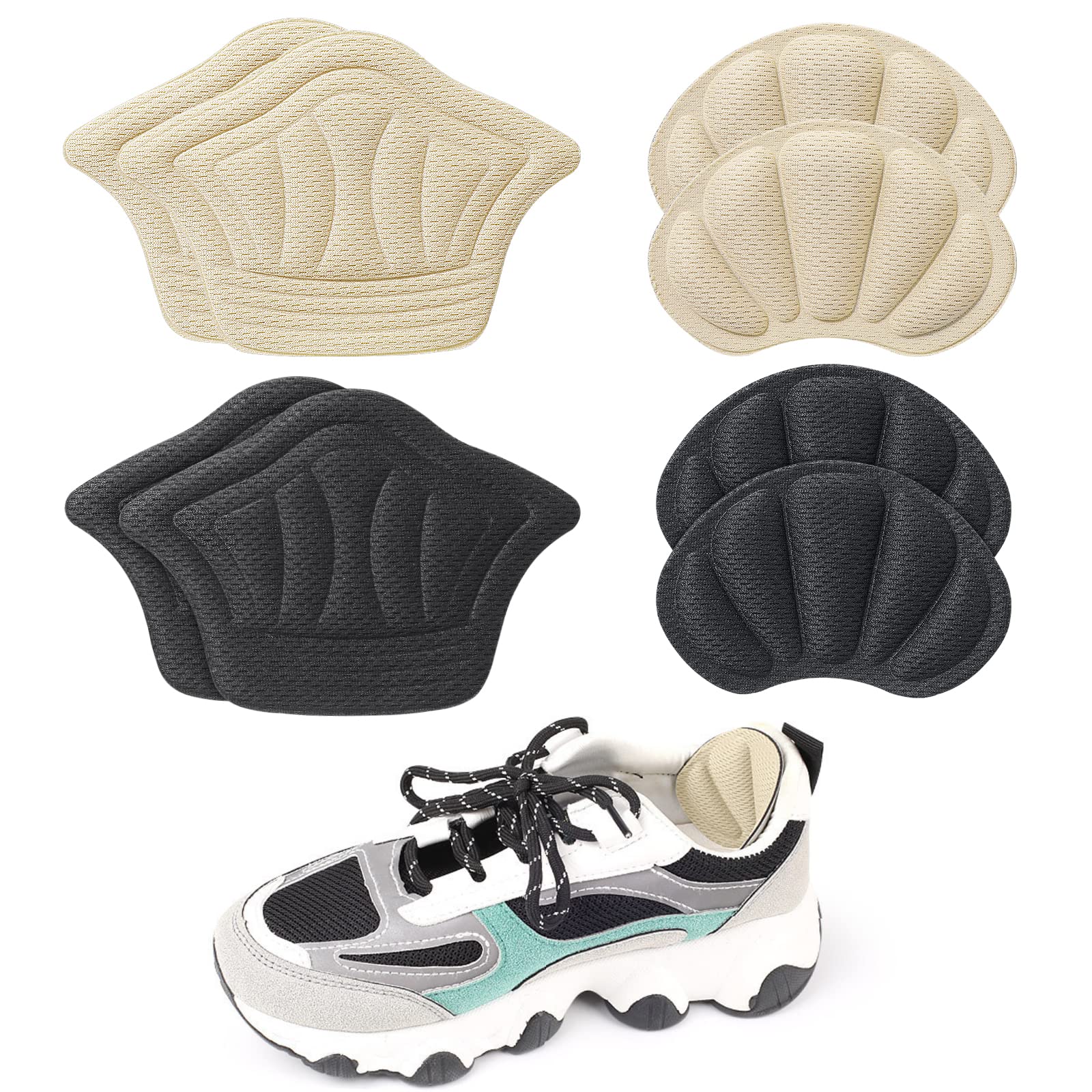 TAGVO 4 Pairs Heel Cushion Inserts - Anti-Slip Self-Adhesive Shoe Pads for Loose Shoes | Blister Protection for Men, Women & Kids (Black/Beige) | Perfect for Running, Walking & Everyday Comfort