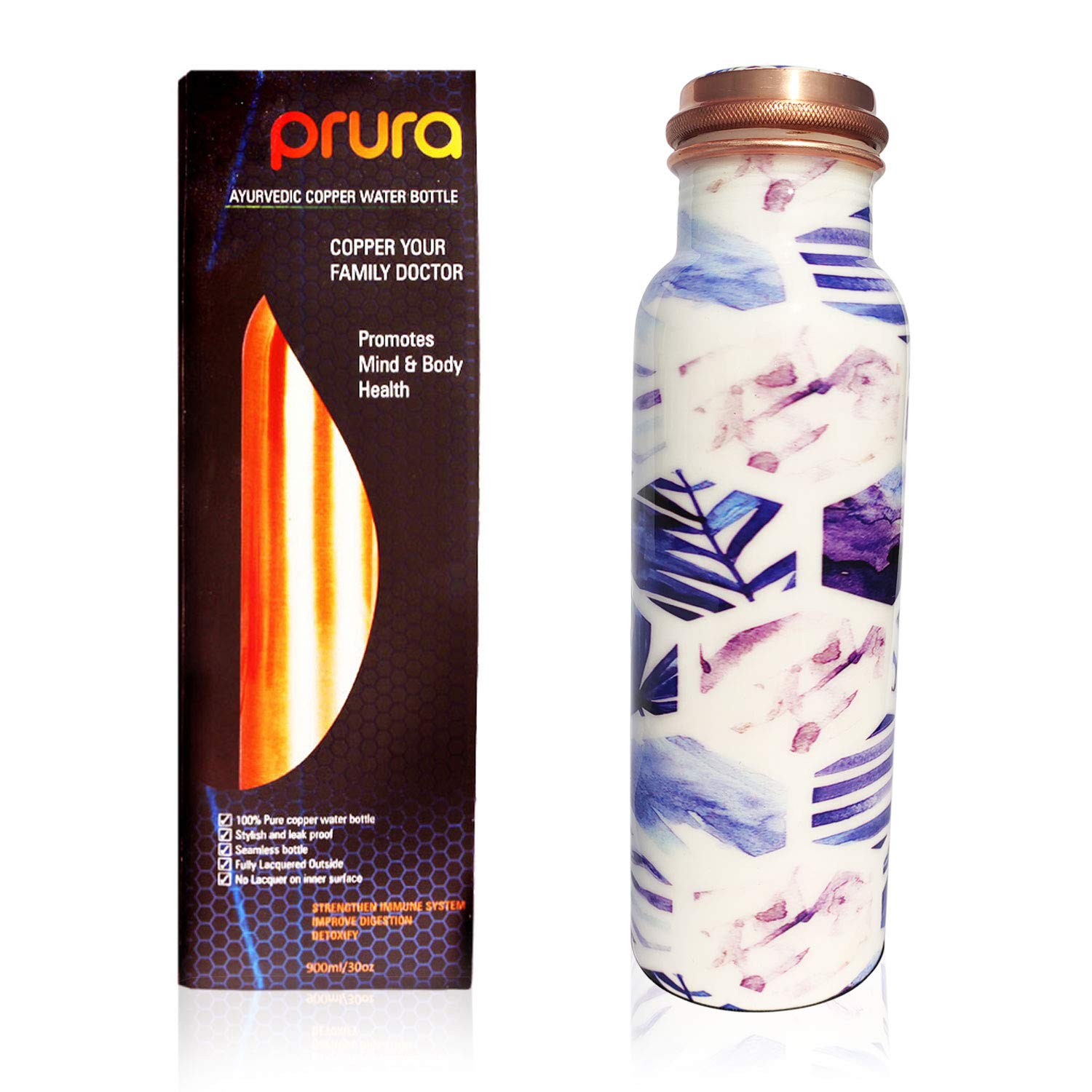 Prura Pure Printed Copper Water Bottle - 30oz Leak Proof Ayurvedic Copper Vessel for Hydration, Sports, Gym & Yoga | Eco-Friendly Reusable Drinkware for Outdoor Activities, Travel & Daily Wellness
