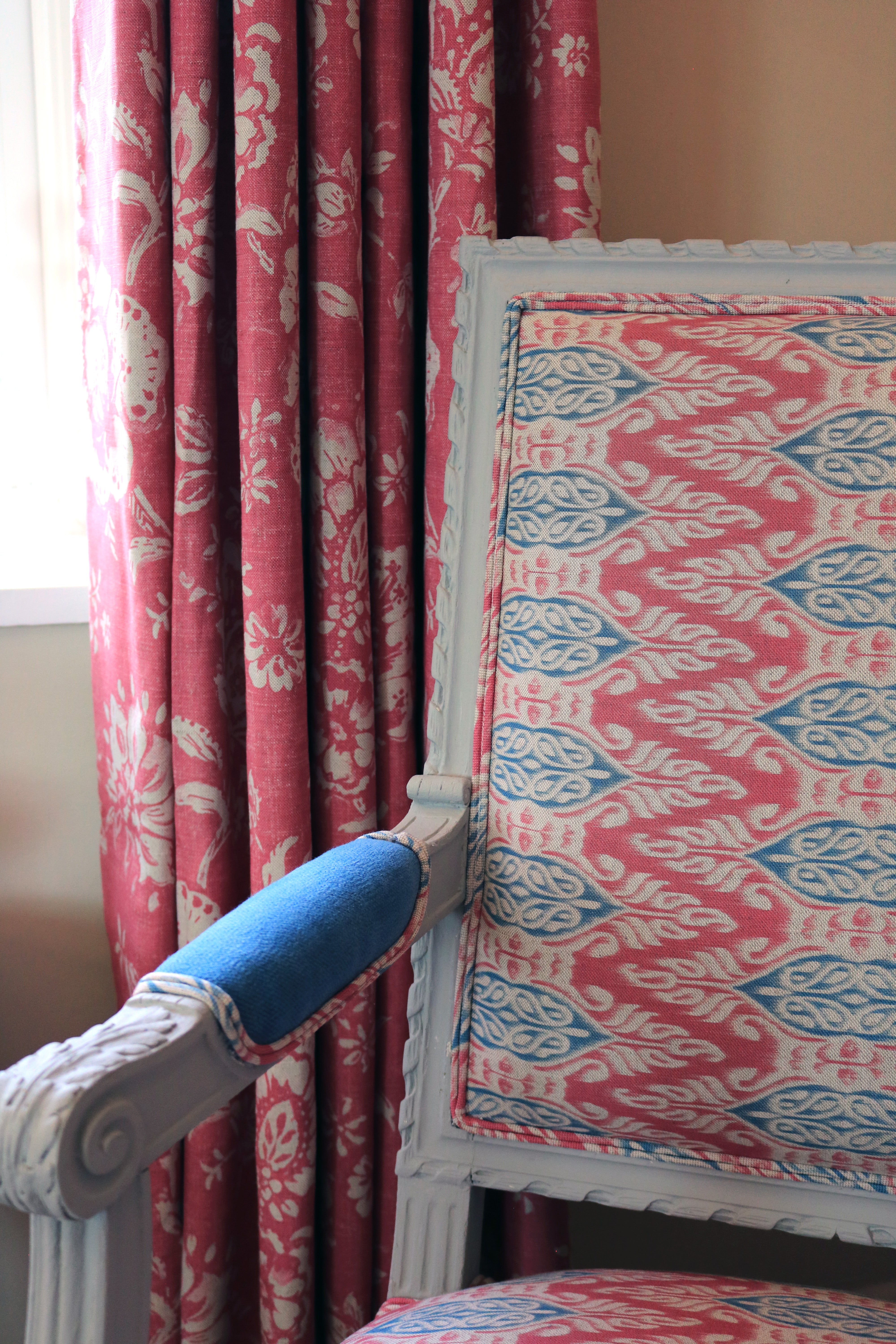 Zamira Ikat Fabric - Faded Raspberry & Teal on Natural Cotton - Perfect for Boho Home Decor, DIY Crafts & Upholstery Projects