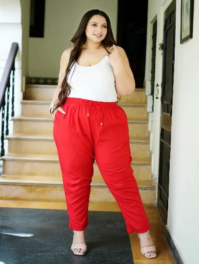 Plus Size Women's Red Cotton Trousers - Comfortable High Waist Pants for Casual Wear, Work & Travel