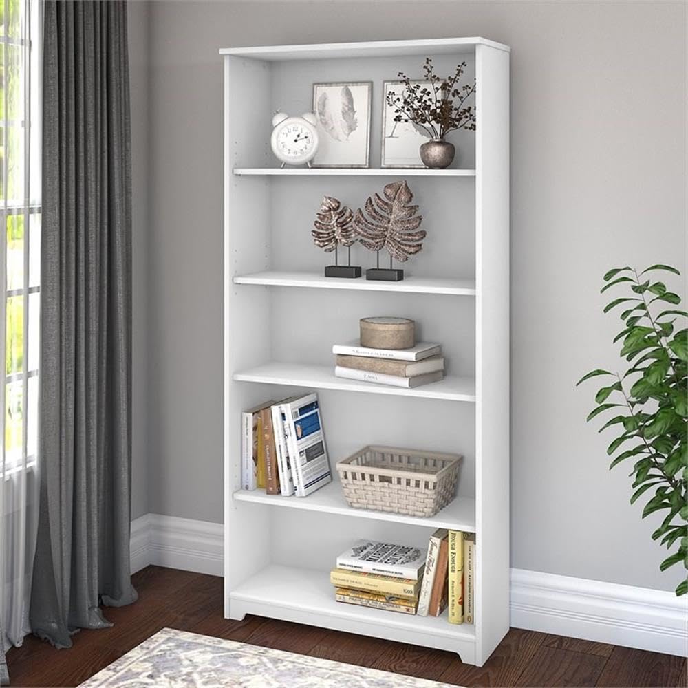 BOWERY HILL 5 Shelf White Bookcase - Modern Wooden Bookshelf for Living Room, Bedroom & Office Storage - Perfect for Organizing Books, Decor & Essentials
