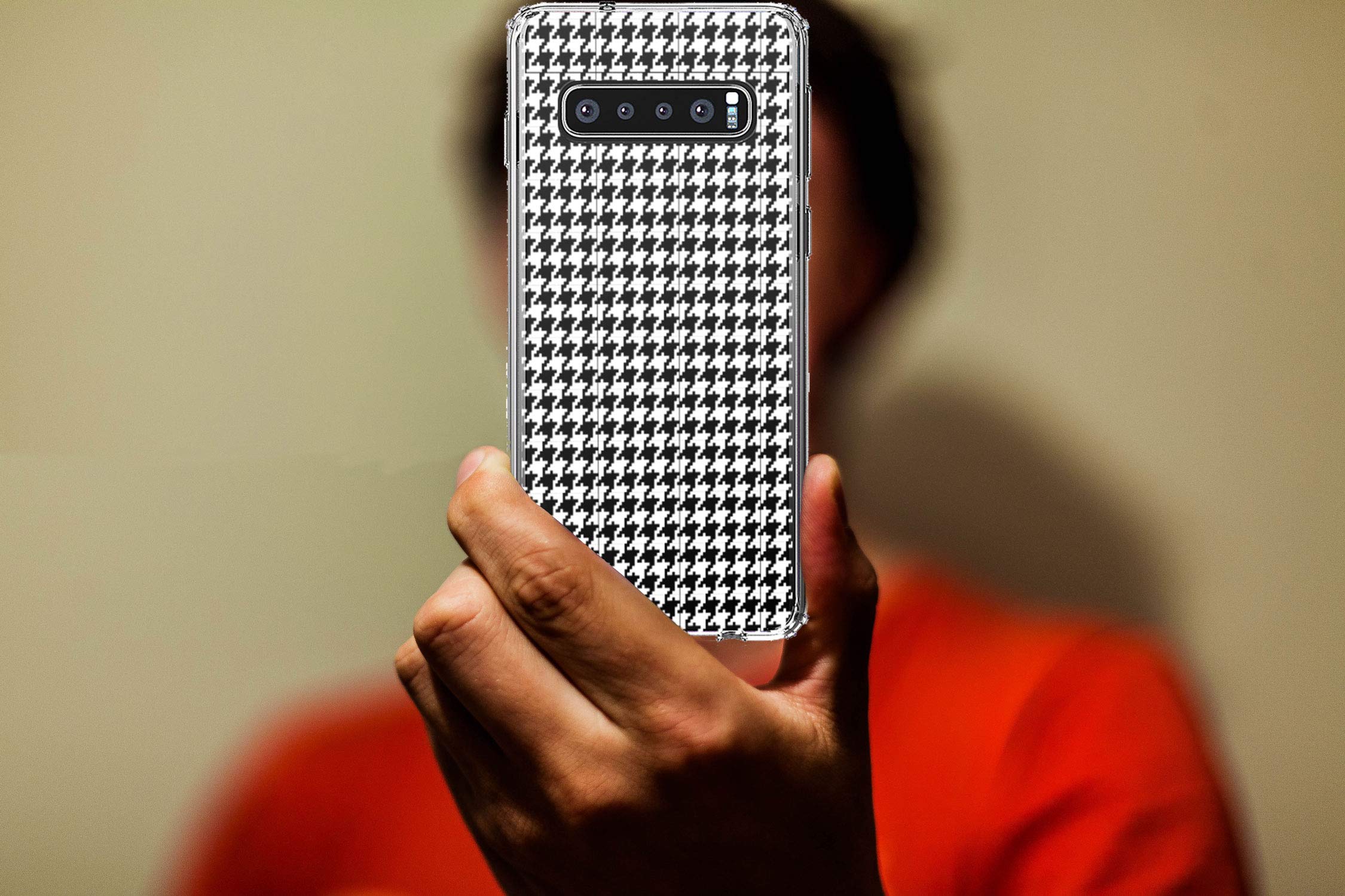 Shockproof Hybrid Case for Samsung Galaxy S10+ Plus (6.4 Inch) - Clear TPU Bumper with Acrylic Back, Fingerprint Compatible Screen Protector - White Houndstooth Design - Perfect for Daily Use, Travel & Outdoor Activities
