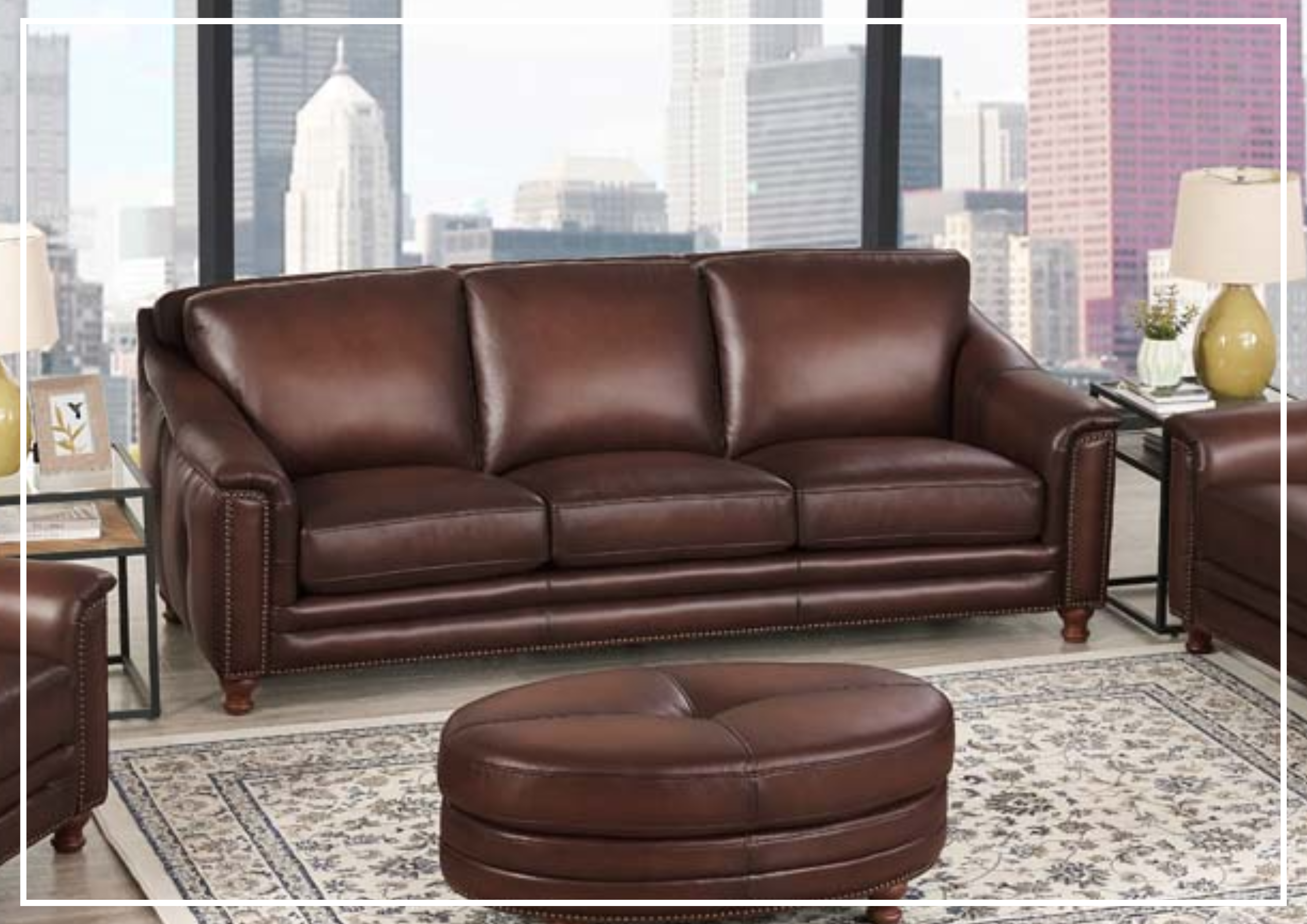Hydeline Belfast Brown Premium Leather 3-Seater Sofa with Nailhead Trim - Luxurious Living Room Furniture for Home & Office Decor