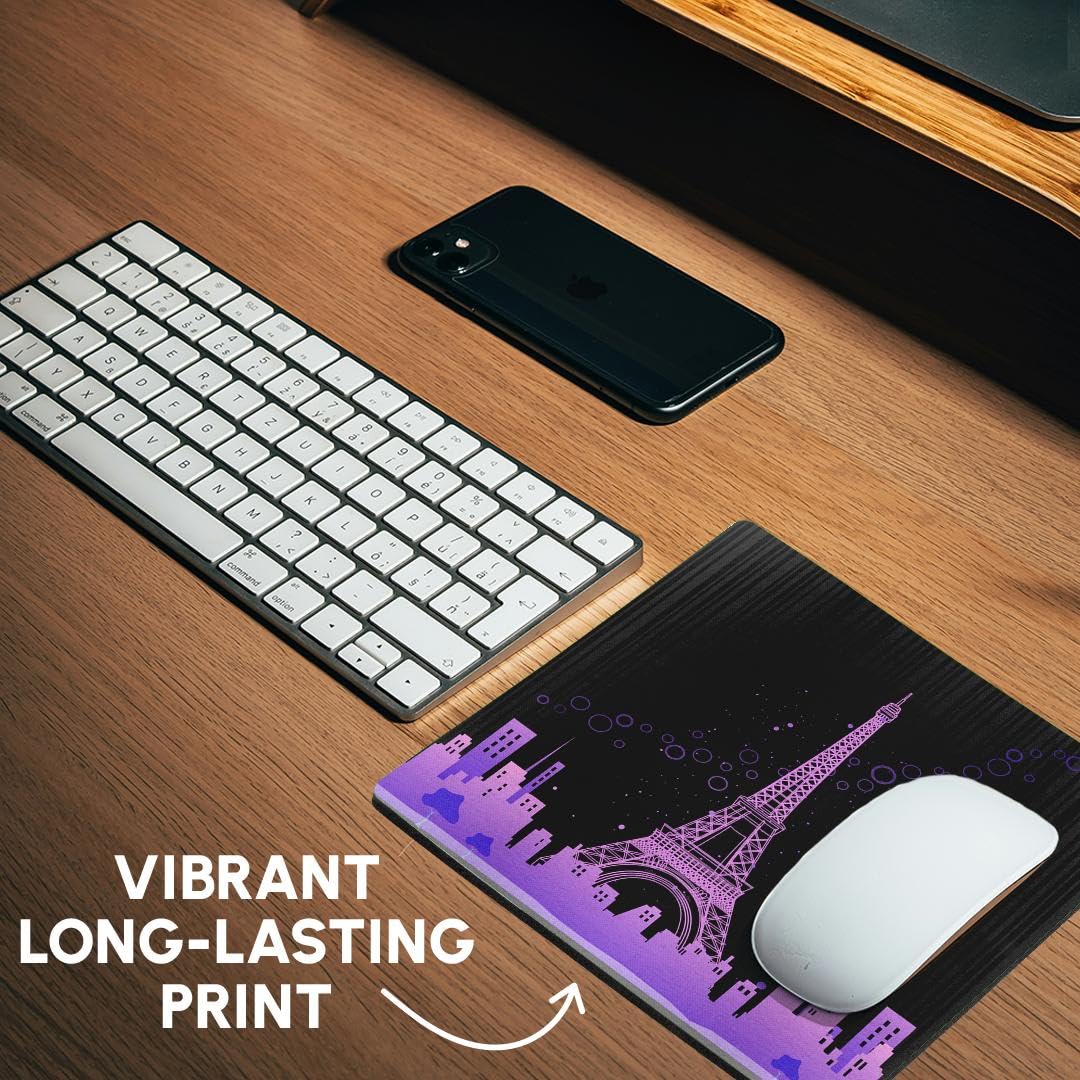 3D Rose 8x8 Inch Mouse Pad - Pink Eiffel Tower with City Skyline & Bubbles Design | Non-Slip Rubber Base | Perfect for Office, Gaming & Home Computer Use