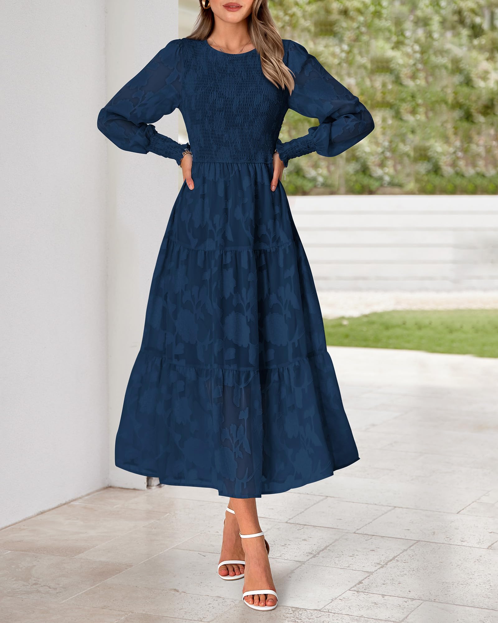 BTFBM Women's Elegant Floral Midi Dress - Long Sleeve Bohemian Wedding Guest Dress for Spring 2025 | Perfect for Garden Parties, Bridal Showers & Formal Events