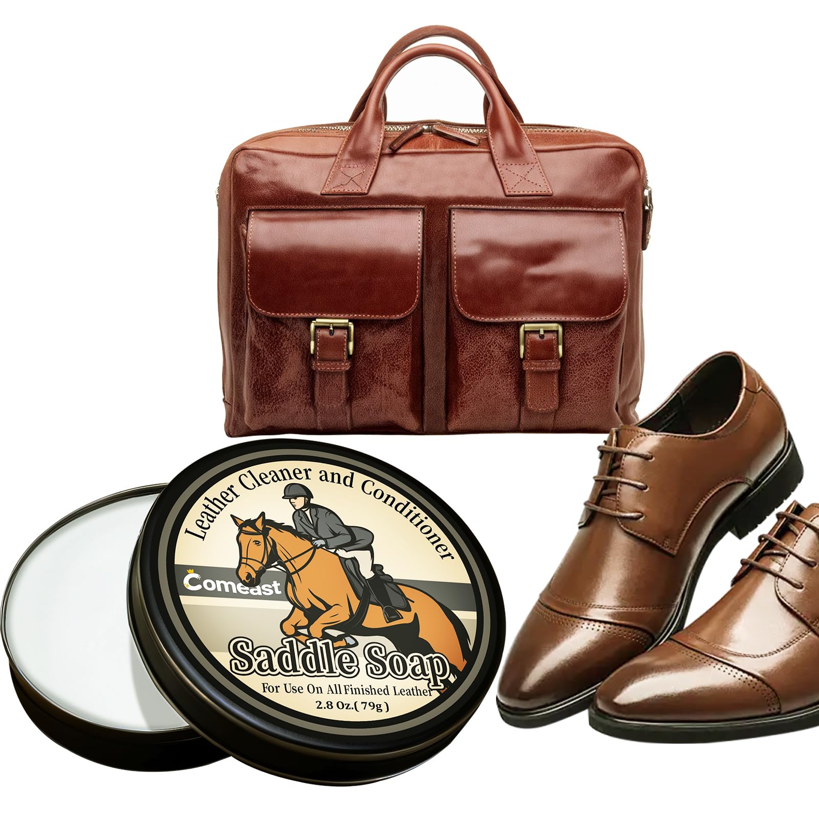 Premium Leather Saddle Soap 2.8 Oz - Deep Cleaning & Conditioning Treatment for Leather Care - Softens, Moisturizes & Protects Leather Goods - Ideal for Car Seats, Couches, Shoes, Boots, Bags & Saddles | Restores & Maintains Leather Quality for Long-Lasting Use