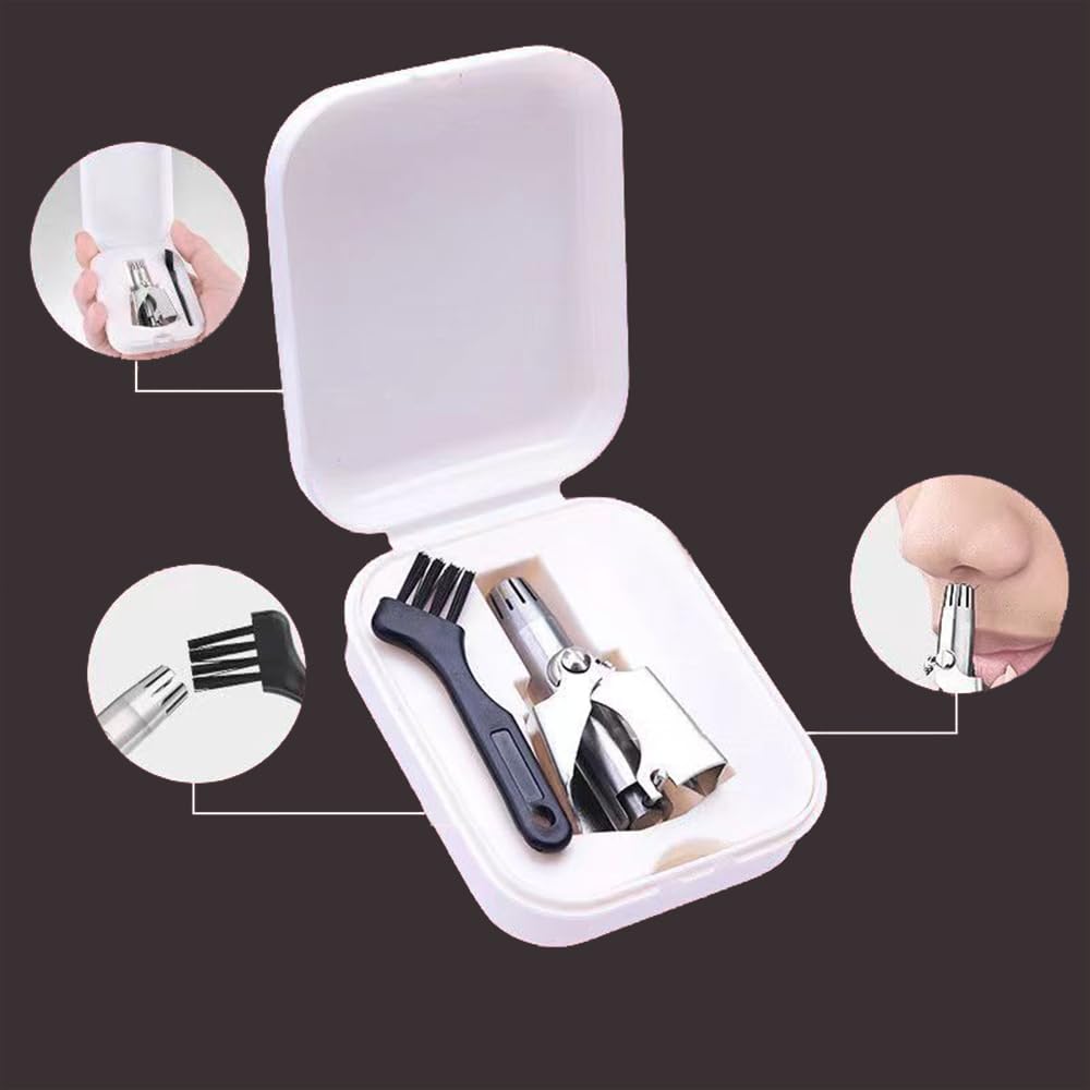 Stainless Steel Manual Nose Hair Trimmer for Men & Women - 12 Teeth V Blade, Waterproof, Painless, Battery-Free Nasal Hair Clipper with Cleaning Brush & Travel Case - Perfect for Travel, Grooming, and Personal Care