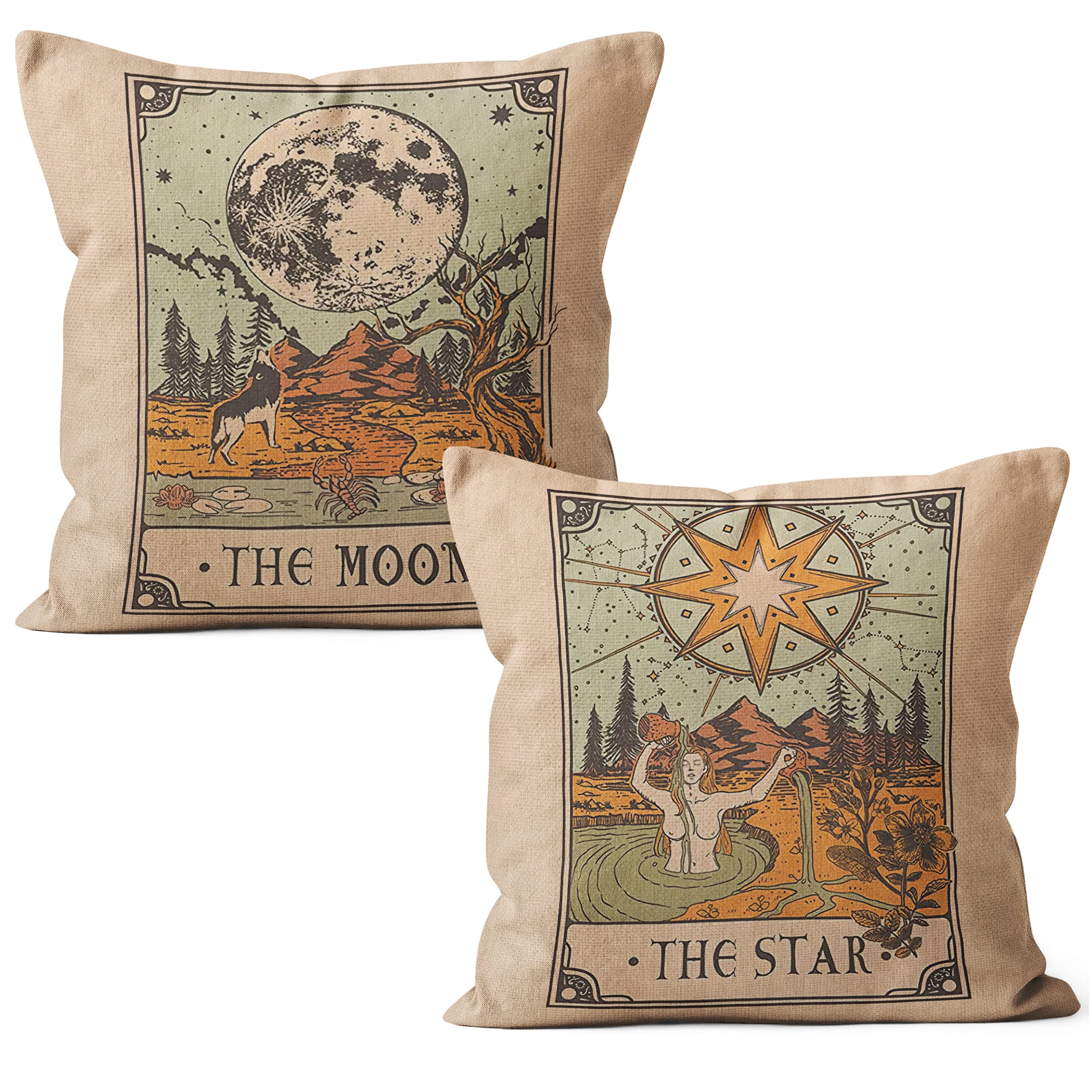 Tarot Card Pillow Covers Set - 2 Pack 18x18 Inch Witchy Astrology Decorative Throw Pillow Covers with Constellation Design - Perfect for Tarot Gifts, Witch Decor & Bohemian Home Decor (MoonStar)