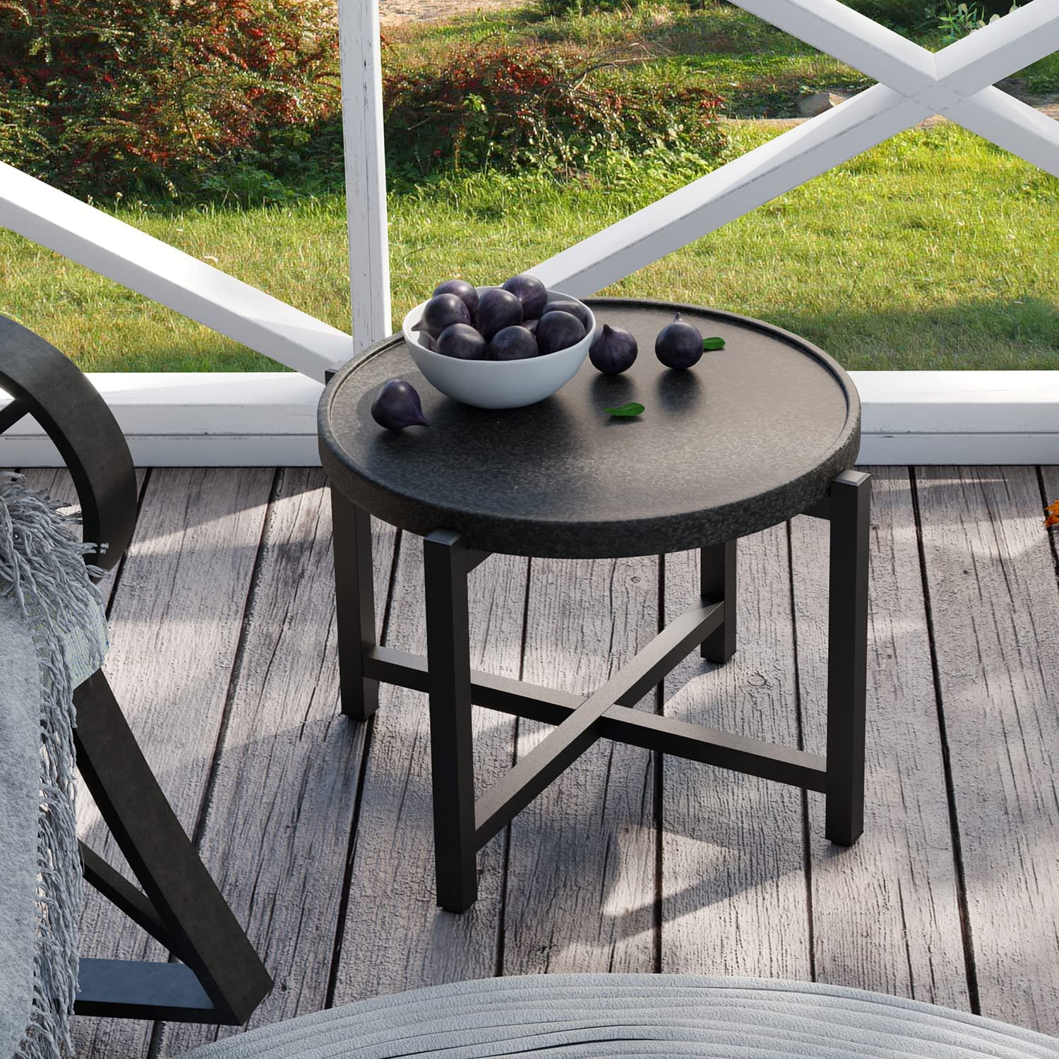 Dark Grey Outdoor Side Table - 15.3''H x 21.6''W Round Patio Coffee Table with Concrete Finish & Metal Frame - Perfect for Poolside, Garden, or Balcony Relaxation